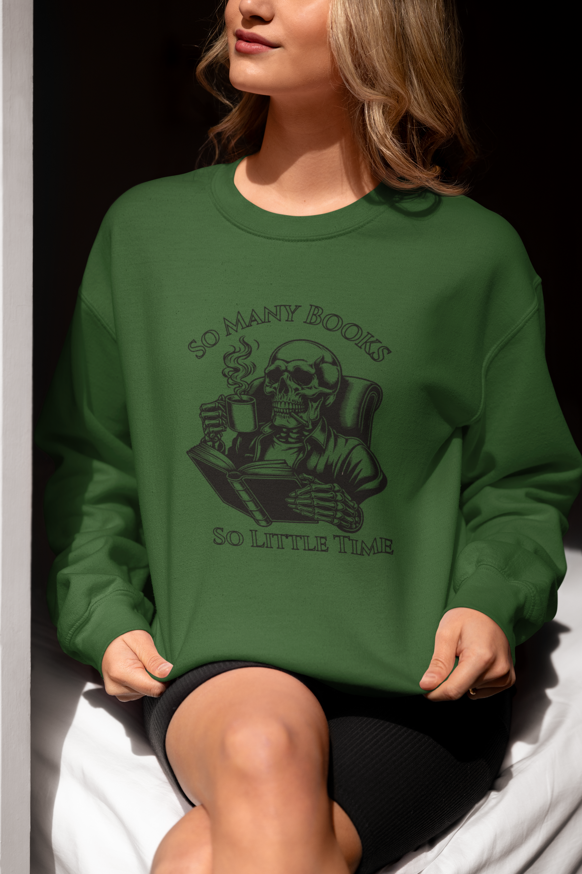 Reading Skull Crewneck Sweatshirt — "So Many Books, So Little Time"