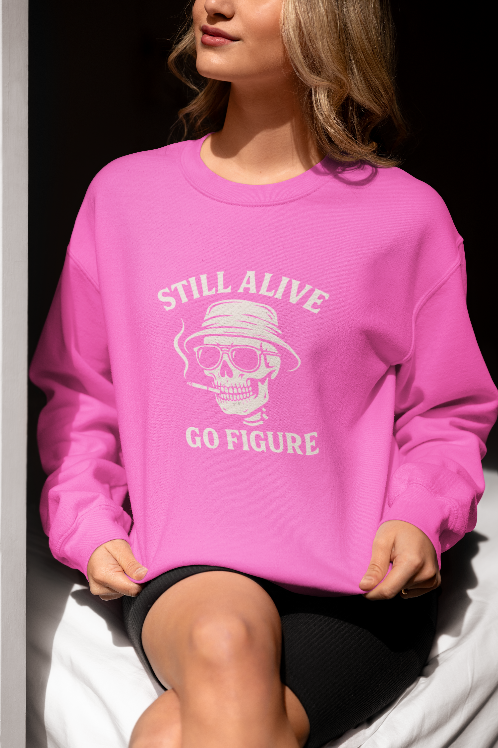 Crewneck Sweatshirt — "Still Alive Go Figure" Skull Vintage Graphic