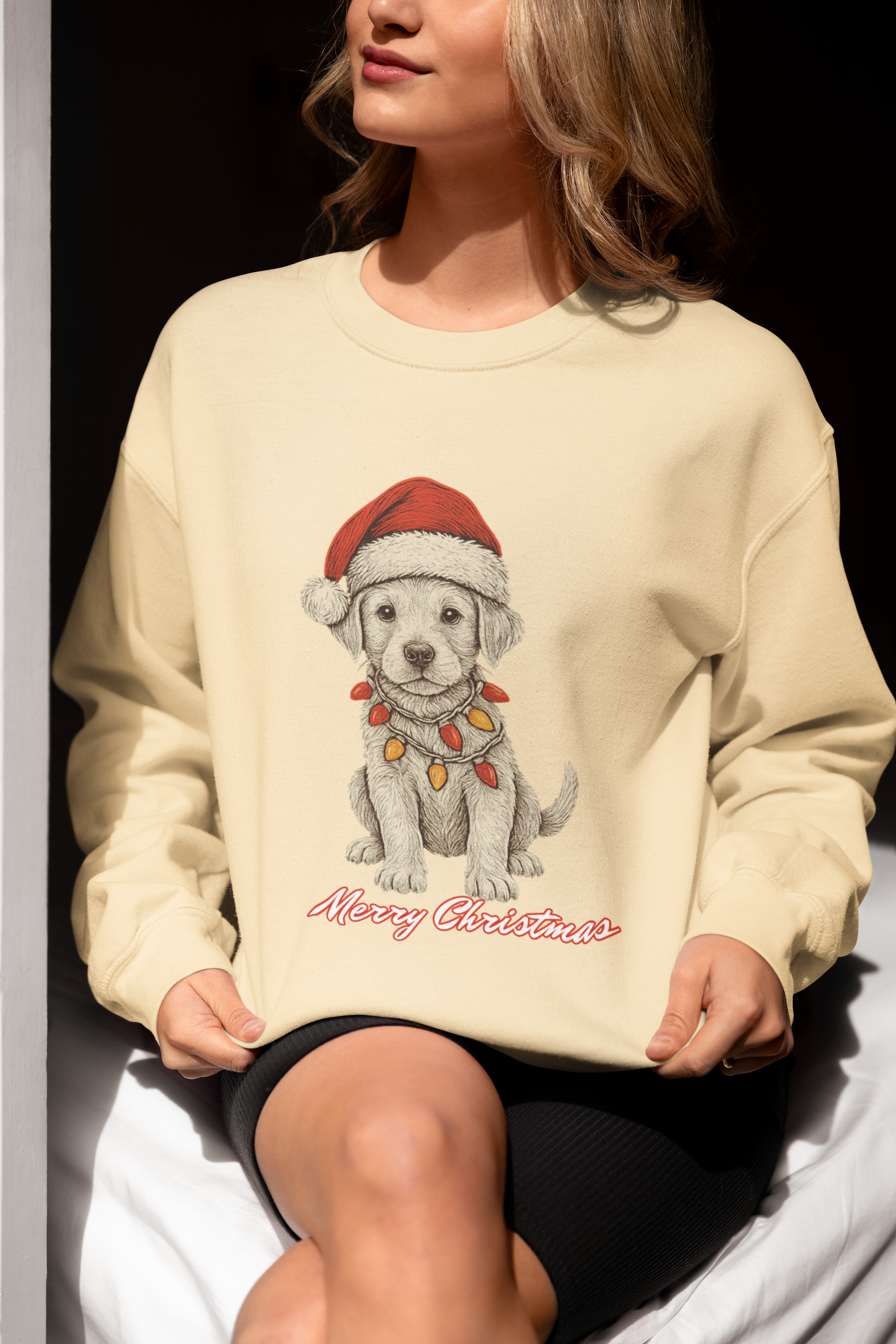 Christmas Puppy Sweatshirt – 'Merry Christmas' Labrador in Santa Hat Crewneck