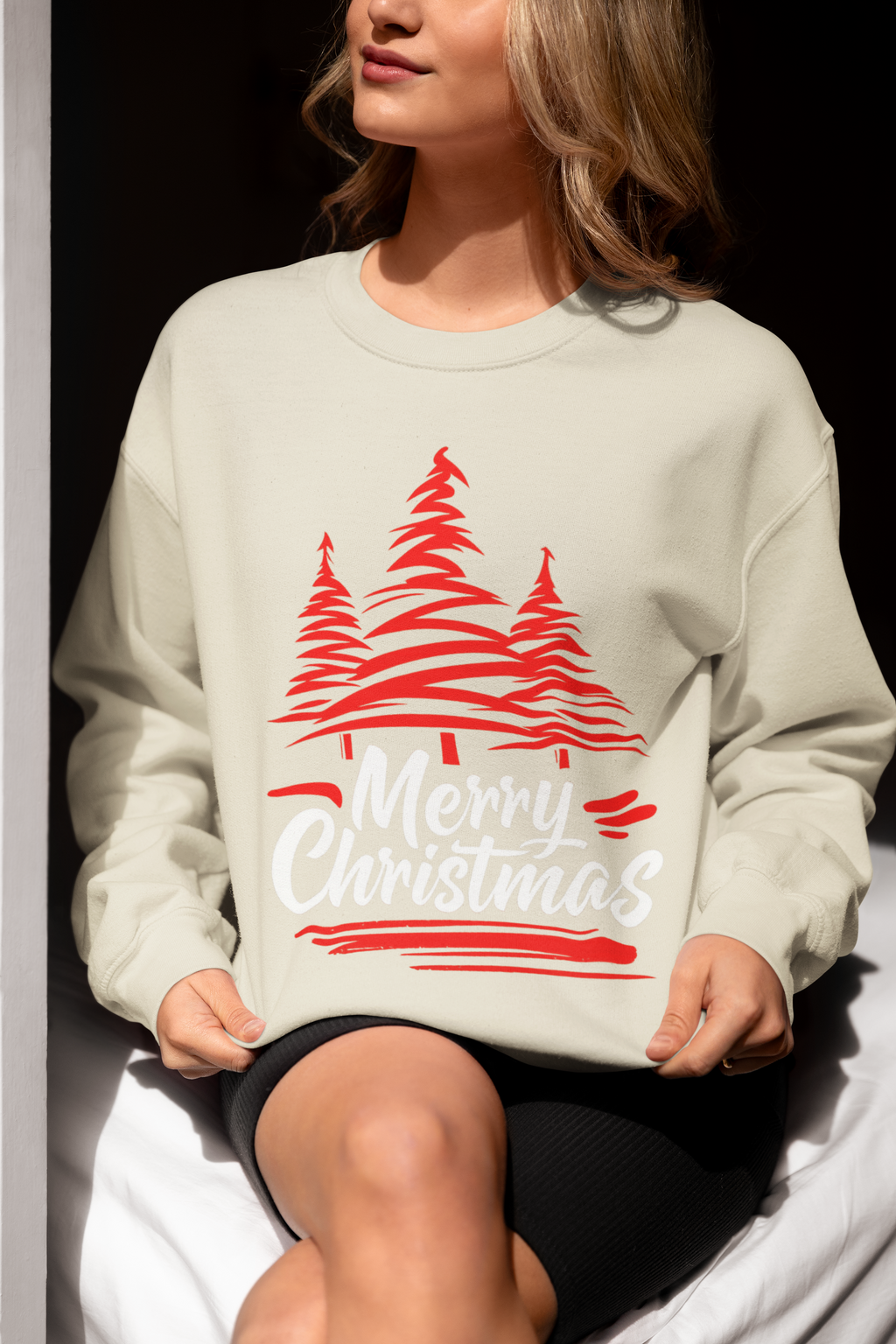 Merry Christmas Crewneck Sweatshirt — Red Tree Holiday Sweatshirt