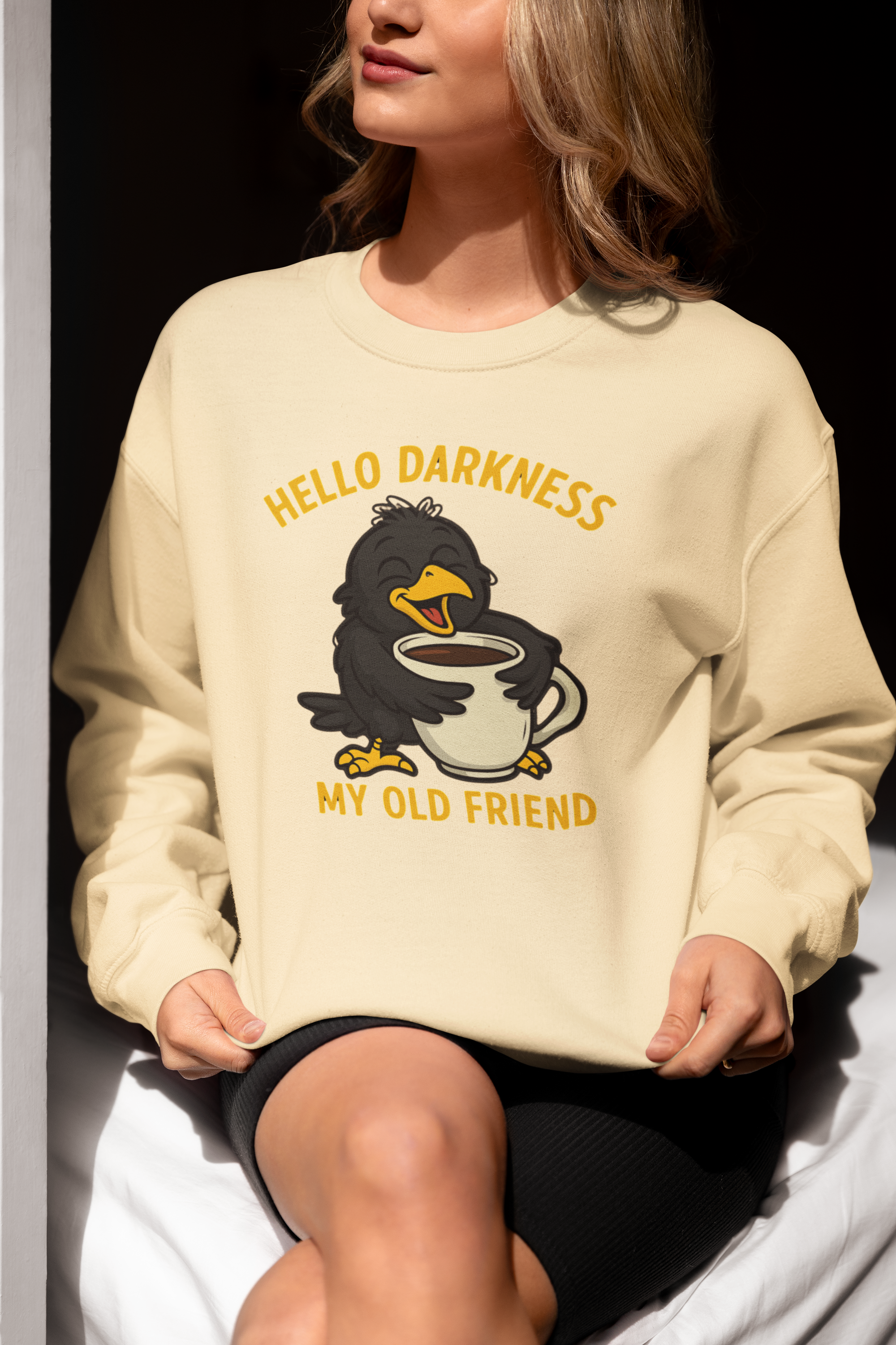 Coffee Crow Sweatshirt — "Hello Darkness My Old Friend" Cozy Pullover