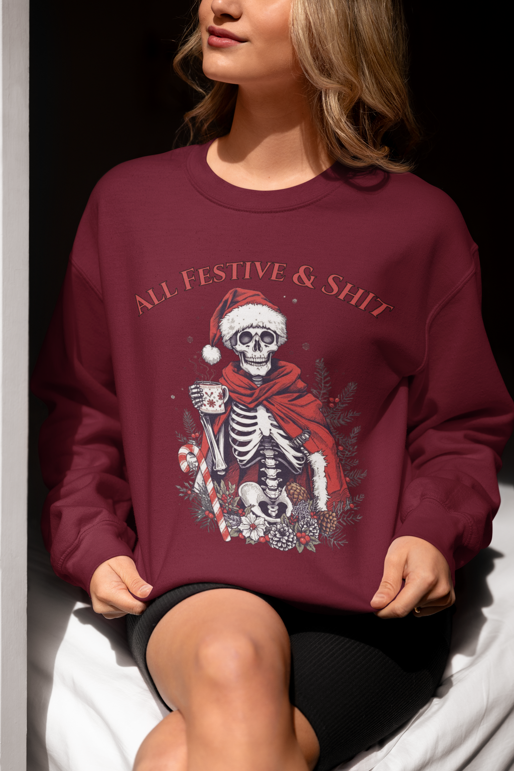 Sweatshirt — "All Festive & Shit" Skeleton Santa Holiday Crewneck