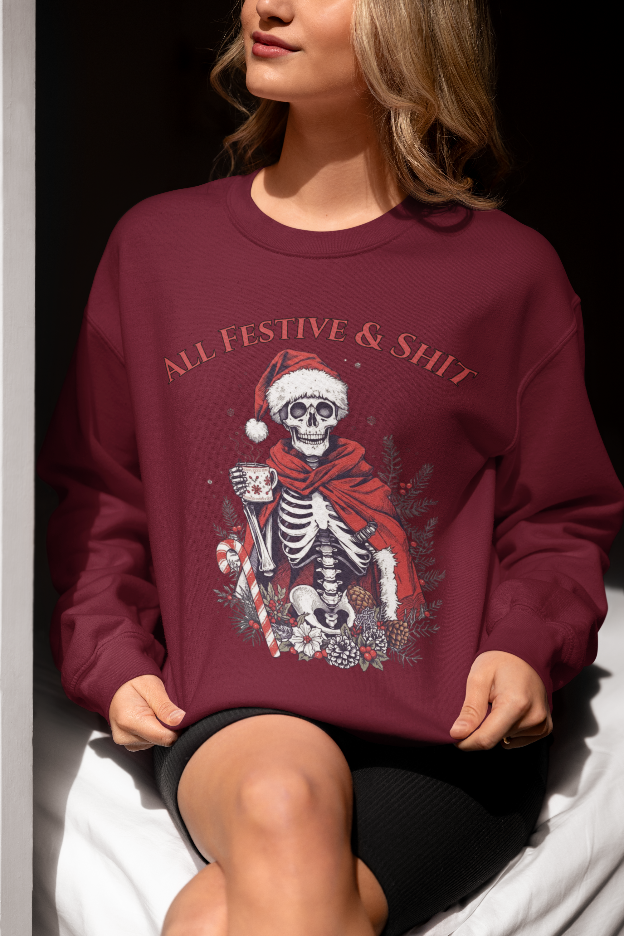 Sweatshirt — "All Festive & Shit" Skeleton Santa Holiday Crewneck