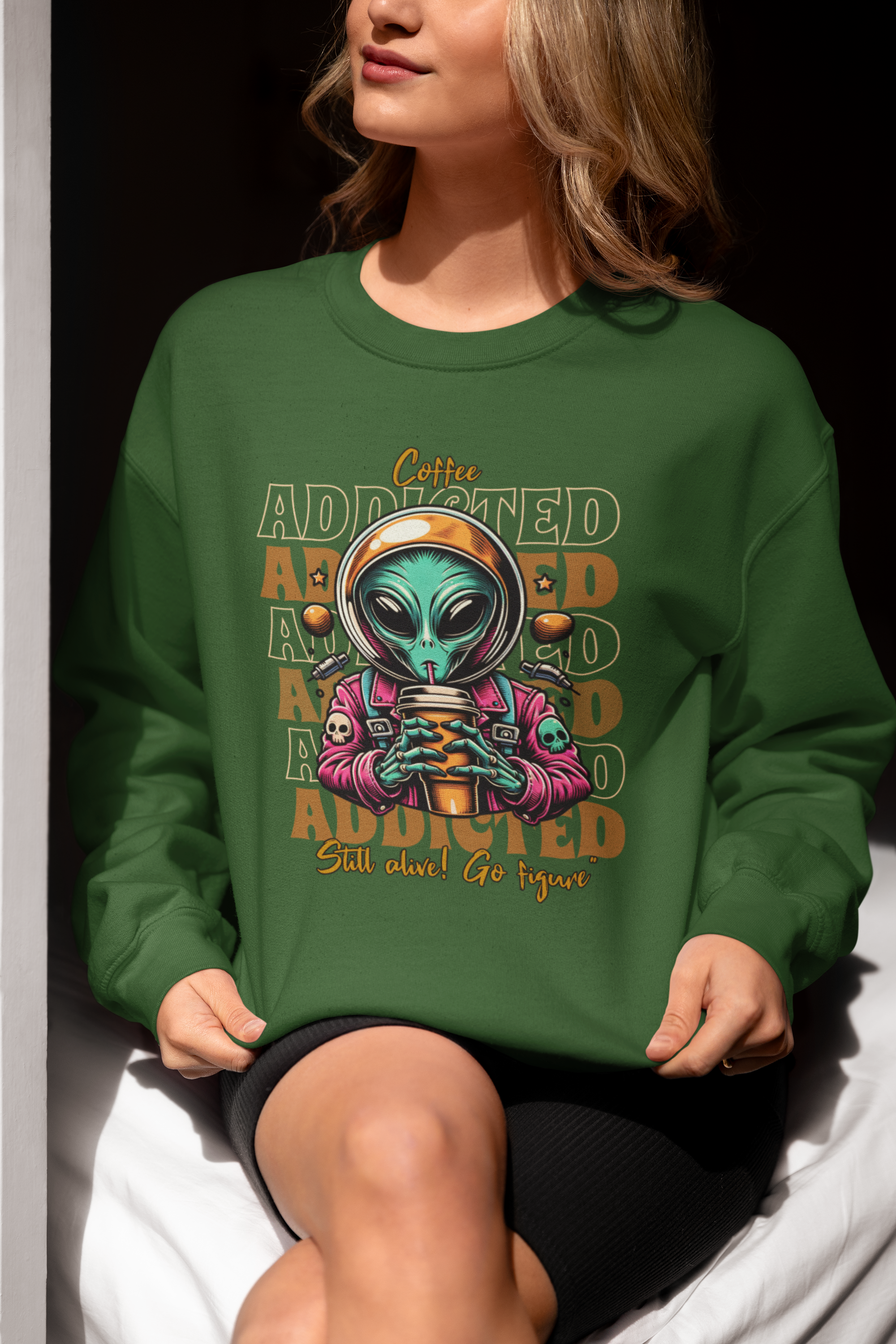 Coffee Addicted Alien Crewneck Sweatshirt – Graphic Space Coffee Lover Pullover
