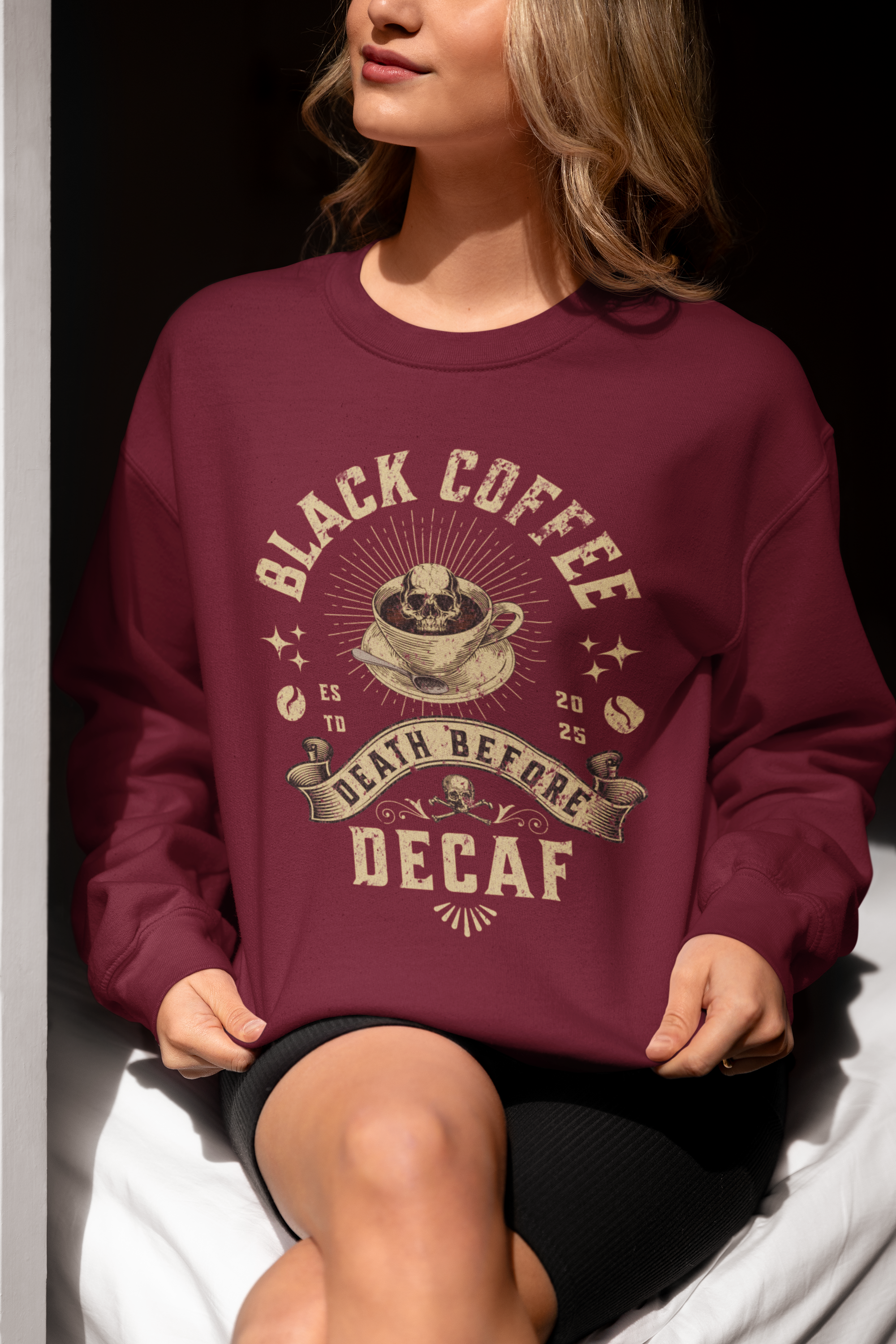 Decaf Black Coffee Crewneck Sweatshirt — Vintage Coffee Lover Pullover