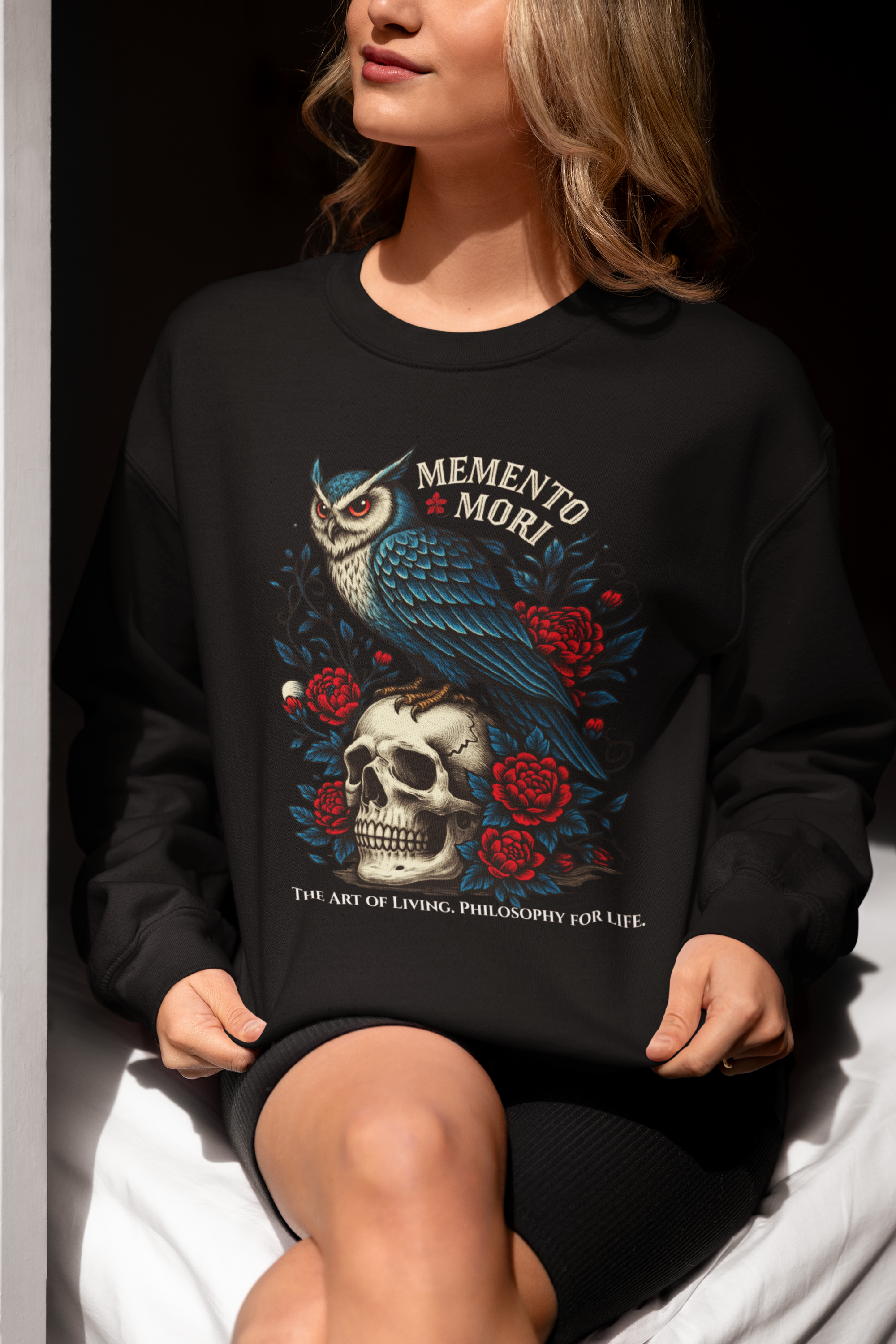 Memento Mori Sweatshirt – Gothic Owl and Skull Sweater, Dark Academia Aesthetic, Philosophy Clothing, Vintage Tattoo Art Pullover, Gothic Gift