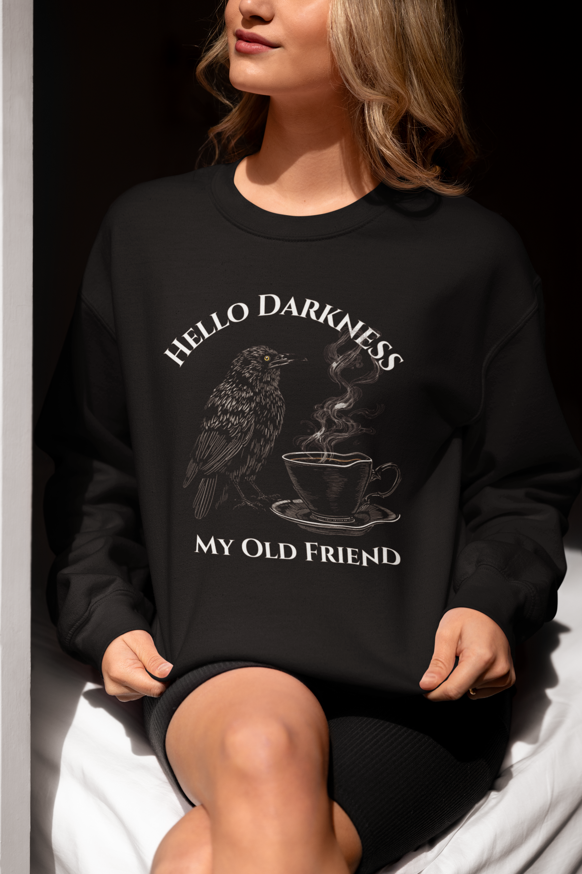 Raven Coffee Crewneck Sweatshirt — "Hello Darkness My Old Friend" Vintage Gothic Tee