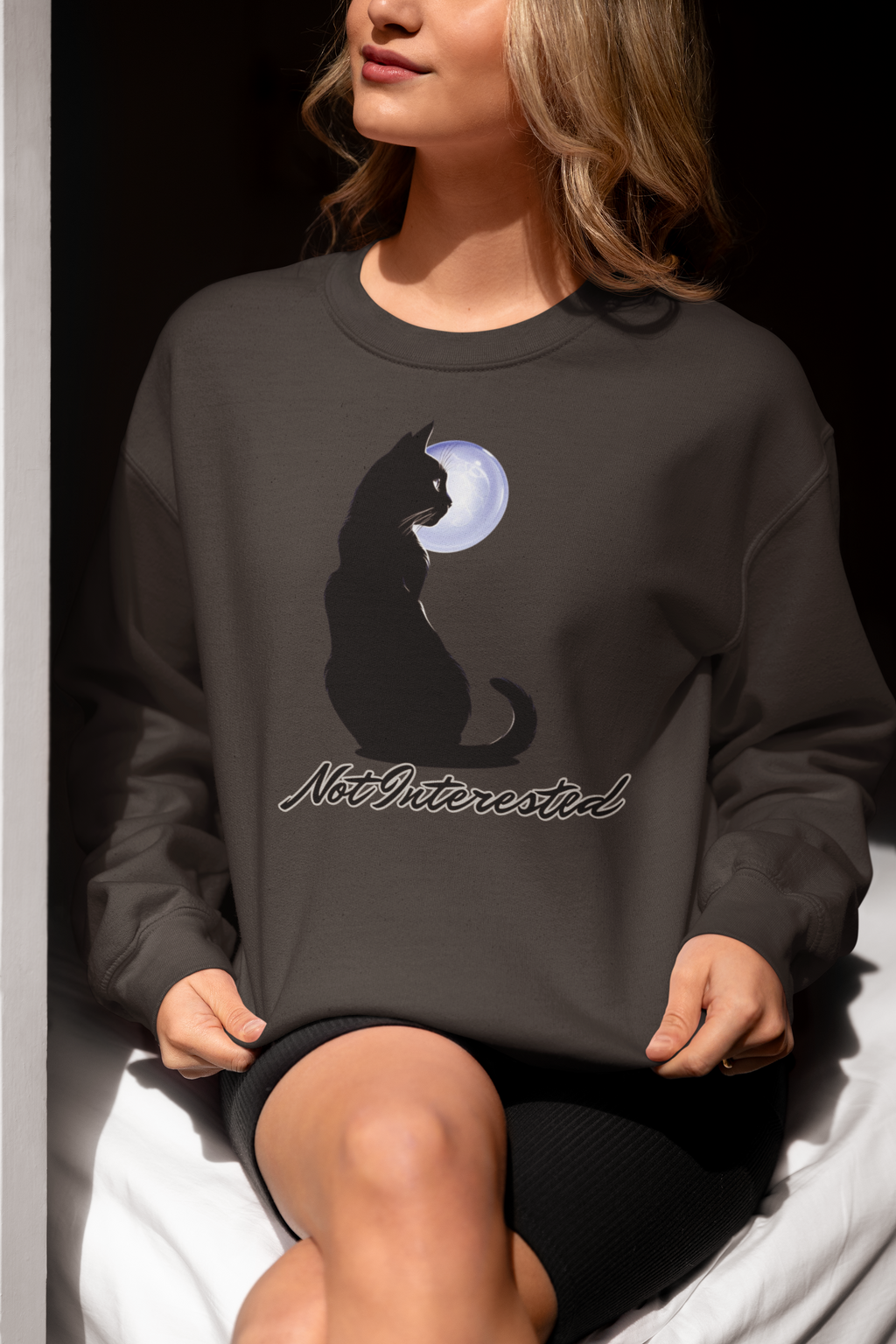 Cat Silhouette Moon Crewneck Sweatshirt – "Not Interested" Graphic