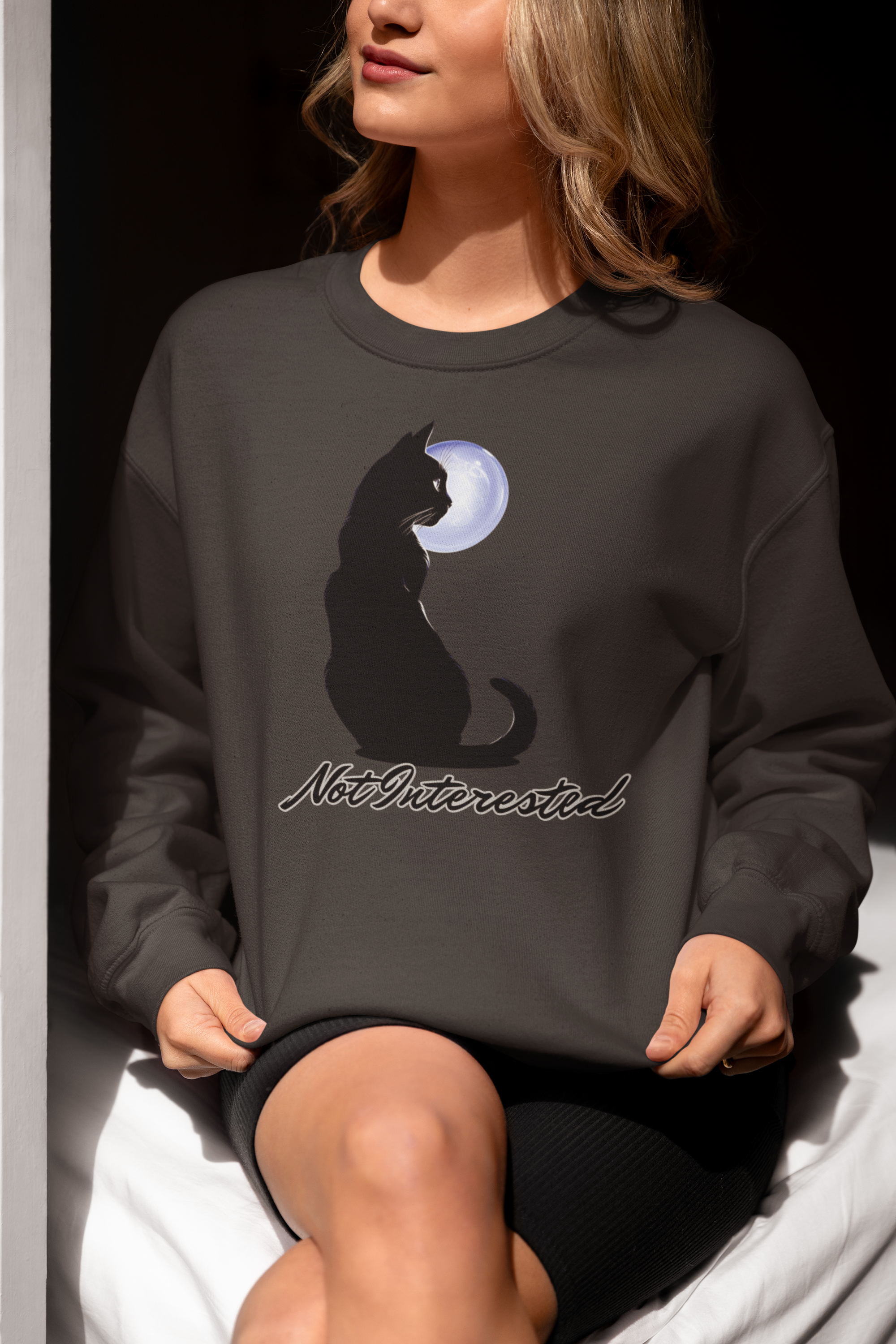 Cat Silhouette Moon Crewneck Sweatshirt – "Not Interested" Graphic