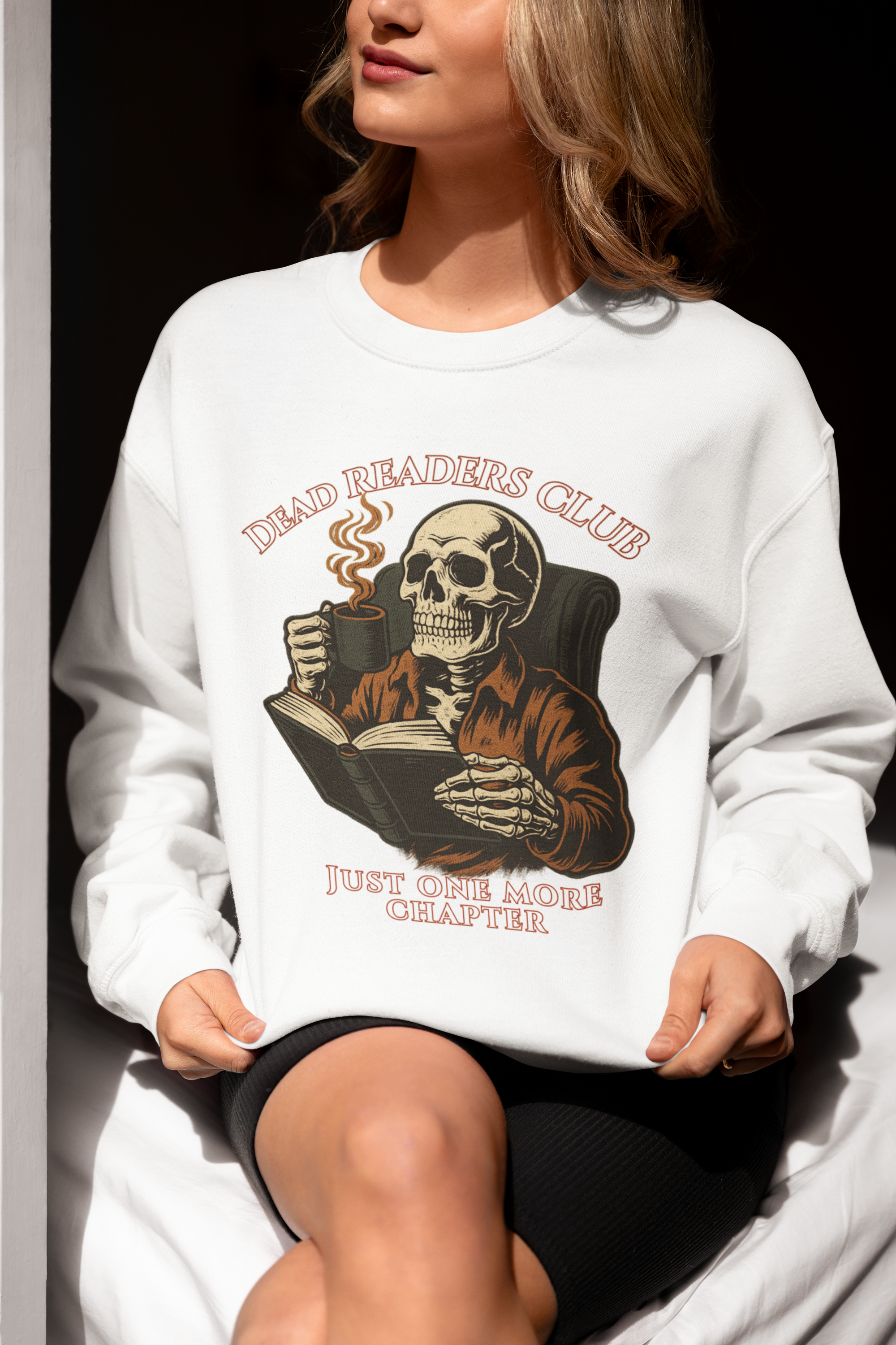 Crewneck Sweatshirt — "Dead Readers Club: Just One More Chapter" Skull Book Lover Graphic