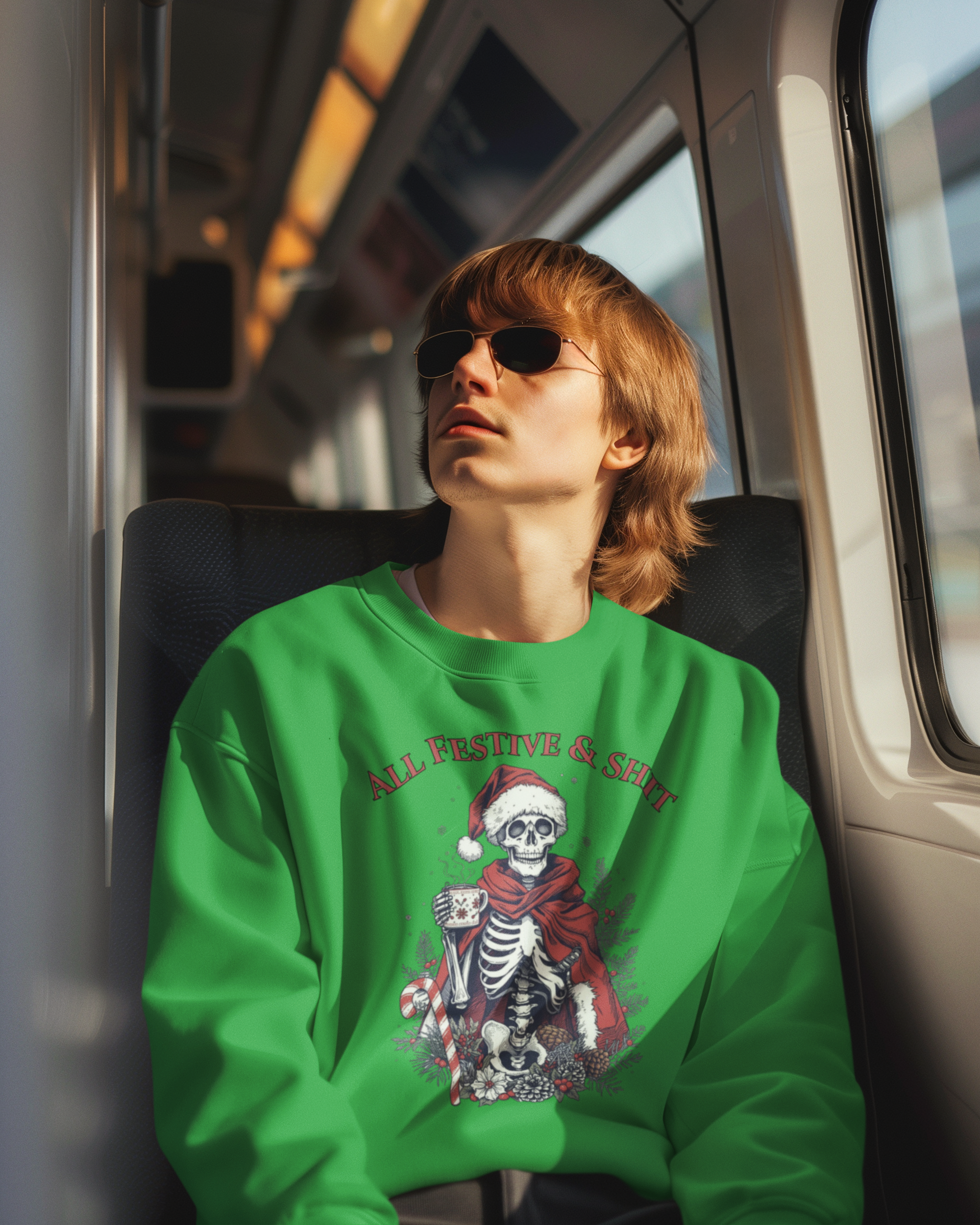 Sweatshirt — "All Festive & Shit" Skeleton Santa Holiday Crewneck