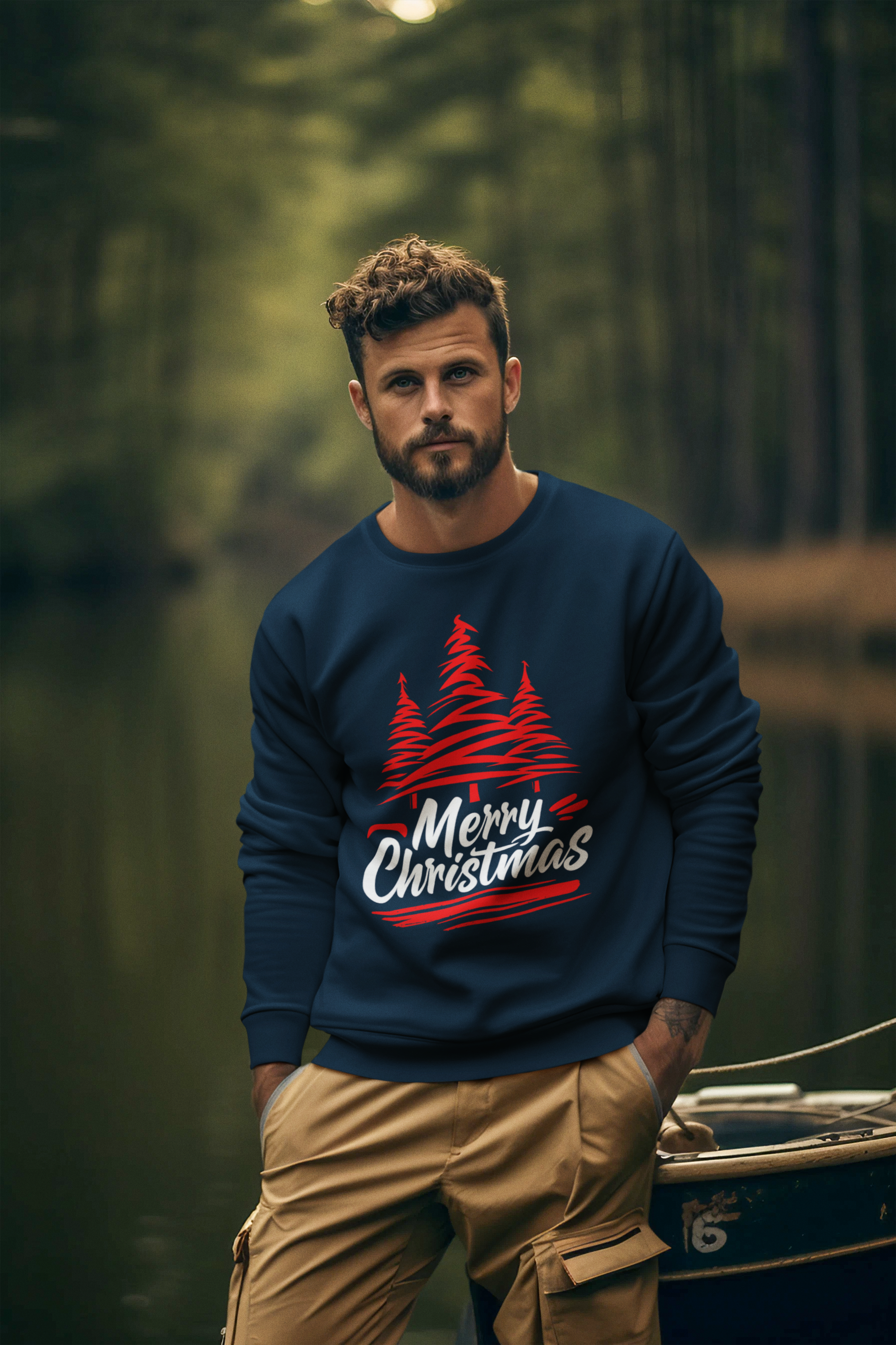 Merry Christmas Crewneck Sweatshirt — Red Tree Holiday Sweatshirt