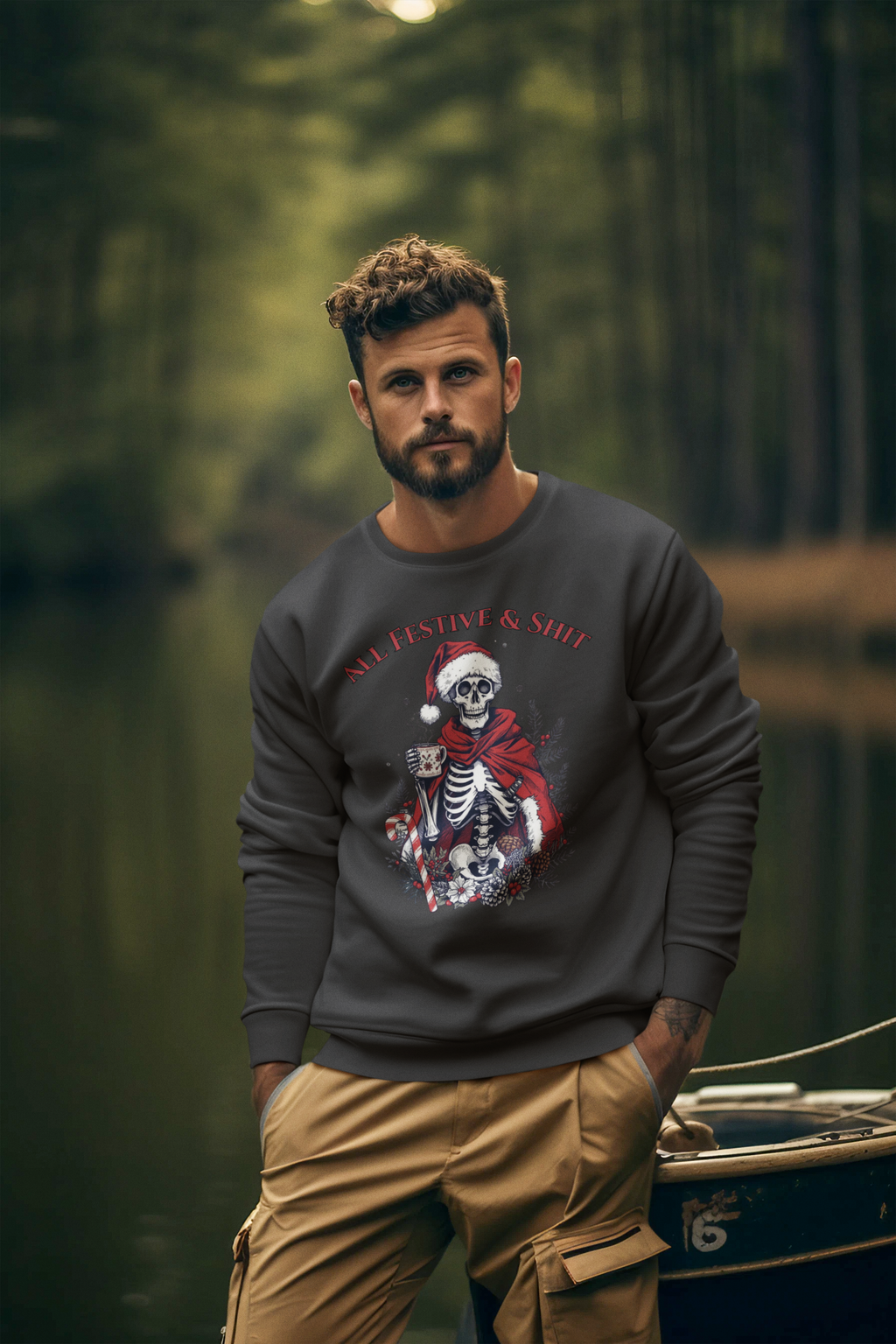 Sweatshirt — "All Festive & Shit" Skeleton Santa Holiday Crewneck