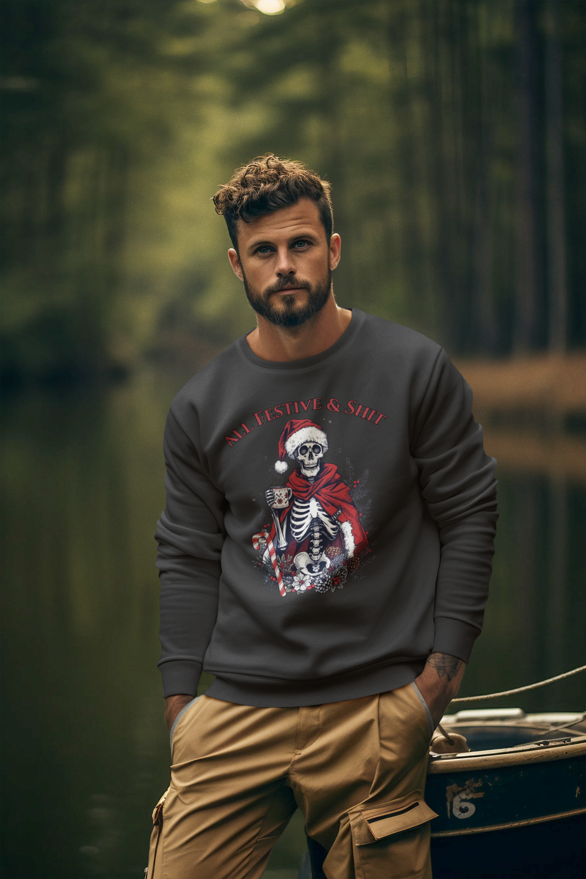 Sweatshirt — "All Festive & Shit" Skeleton Santa Holiday Crewneck