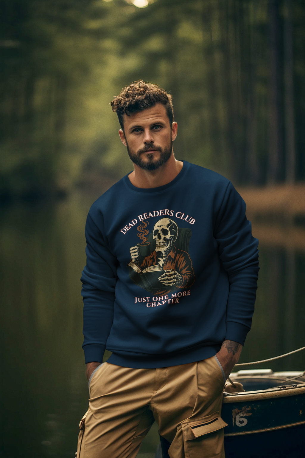 Crewneck Sweatshirt — "Dead Readers Club: Just One More Chapter" Skull Book Lover Graphic