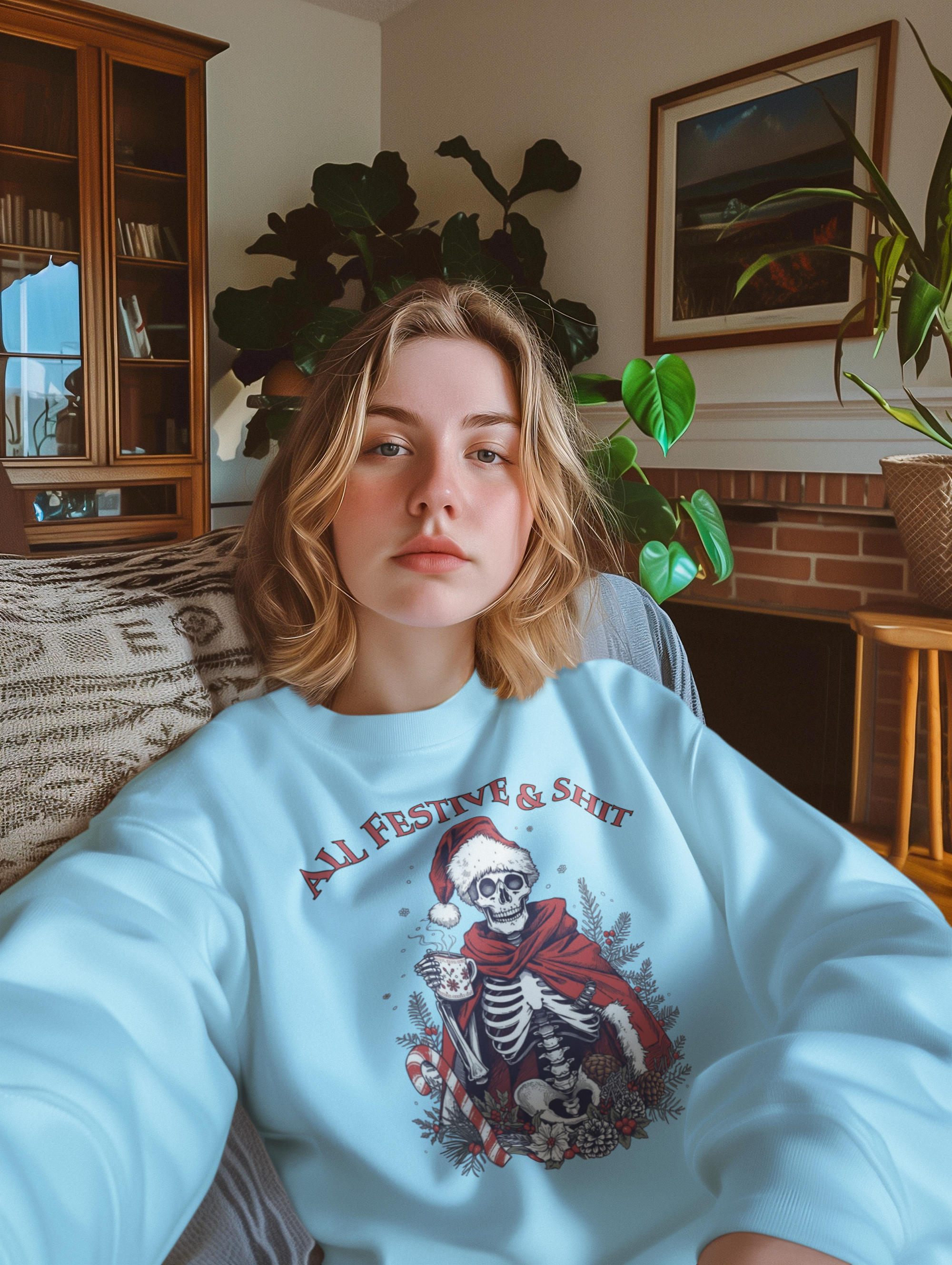 Sweatshirt — "All Festive & Shit" Skeleton Santa Holiday Crewneck