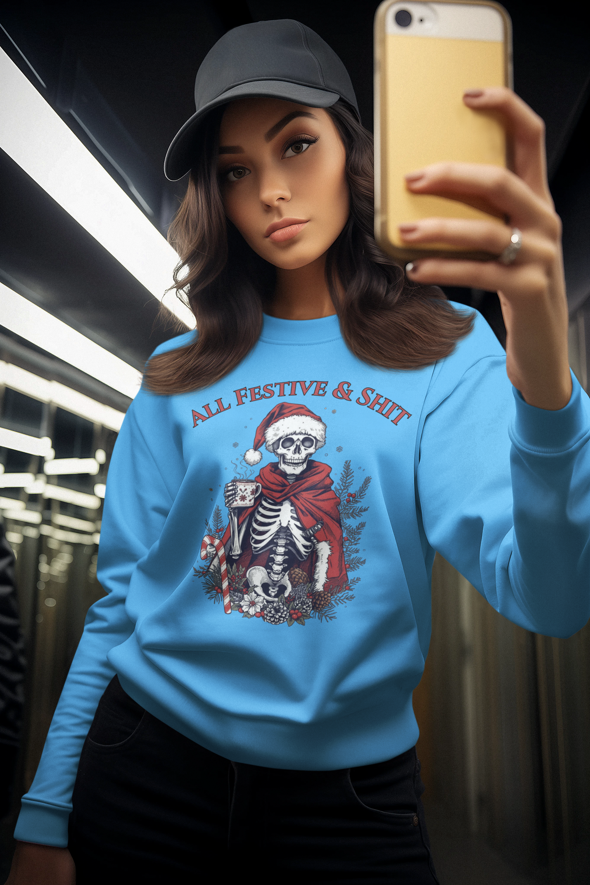 Sweatshirt — "All Festive & Shit" Skeleton Santa Holiday Crewneck