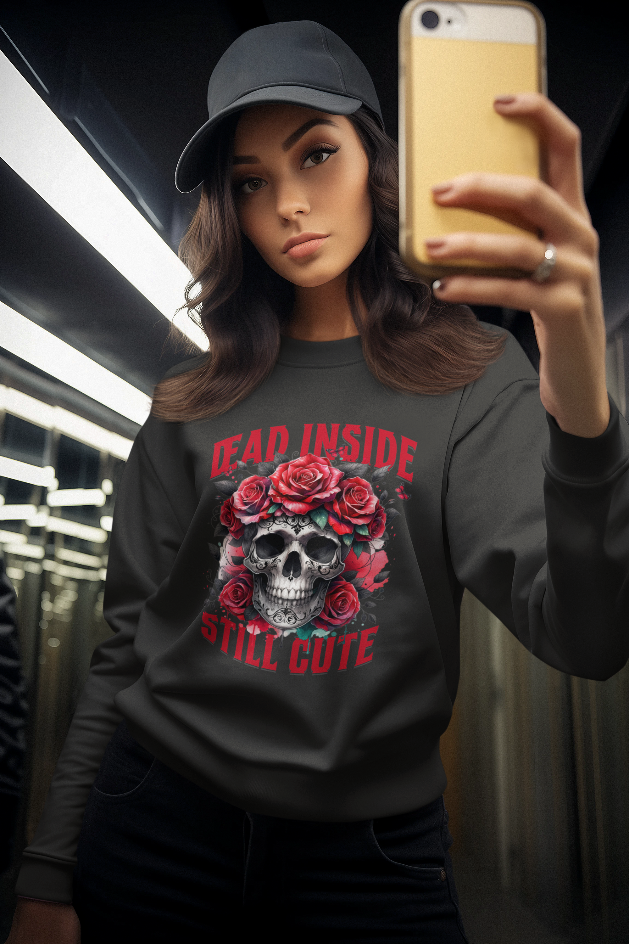 Dead Inside Still Cute Sweatshirt – Gothic Skull Rose Sweater, Dark Feminine Aesthetic Clothing, Alternative Cute Goth Pullover, Funny Goth Gift