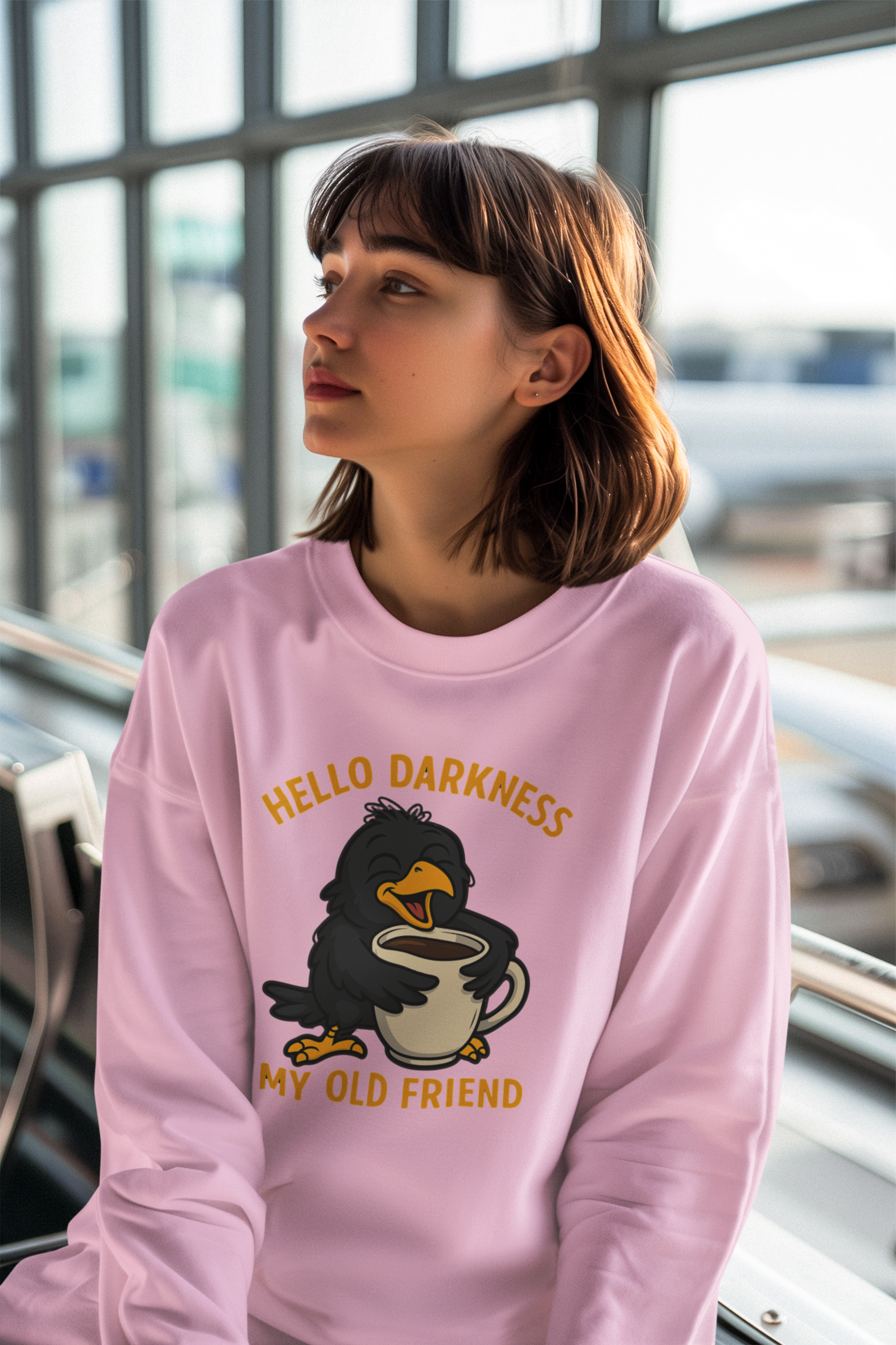 Coffee Crow Sweatshirt — "Hello Darkness My Old Friend" Cozy Pullover
