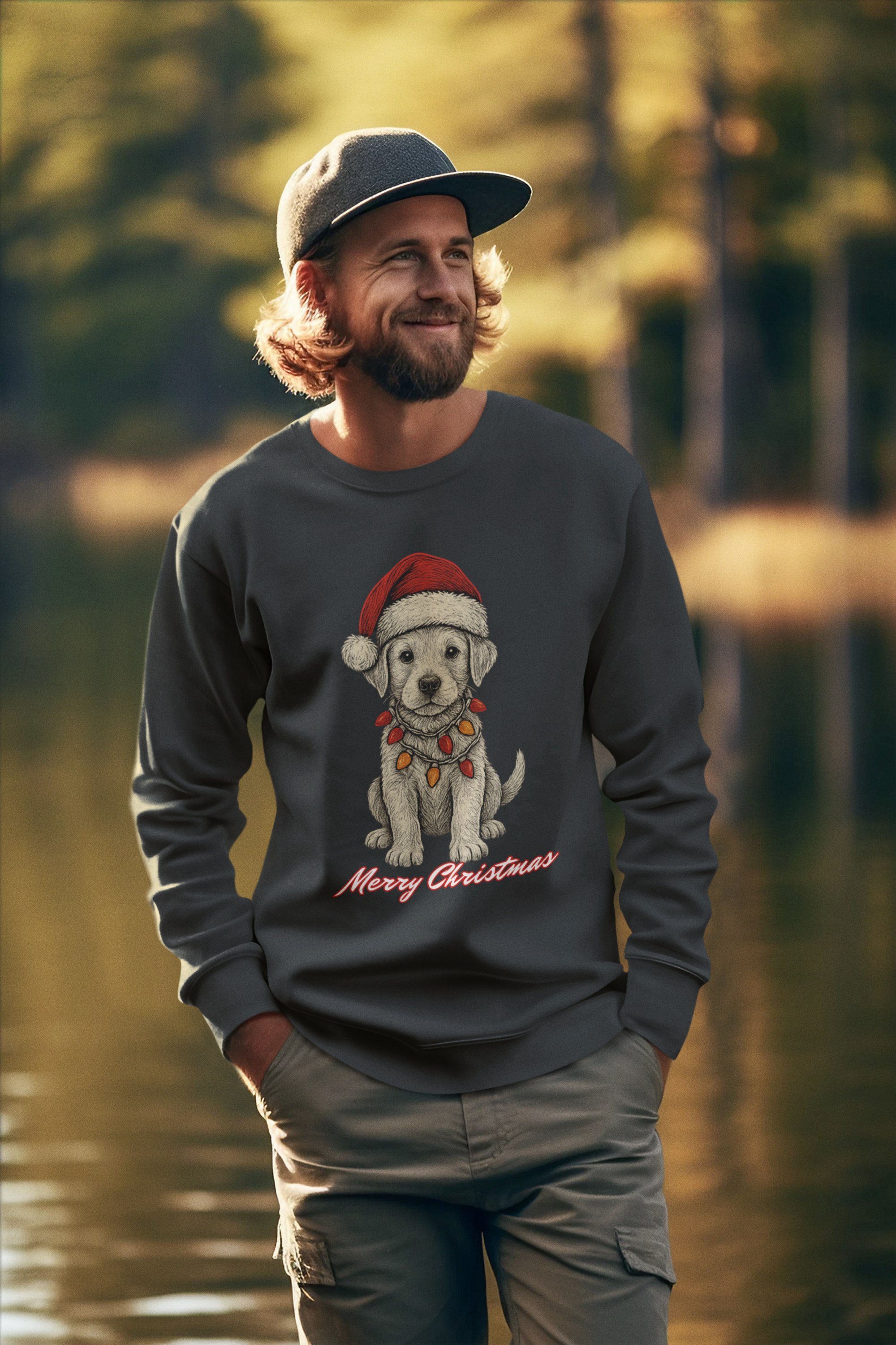 Christmas Puppy Sweatshirt – 'Merry Christmas' Labrador in Santa Hat Crewneck