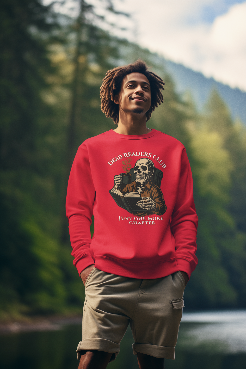 Crewneck Sweatshirt — "Dead Readers Club: Just One More Chapter" Skull Book Lover Graphic