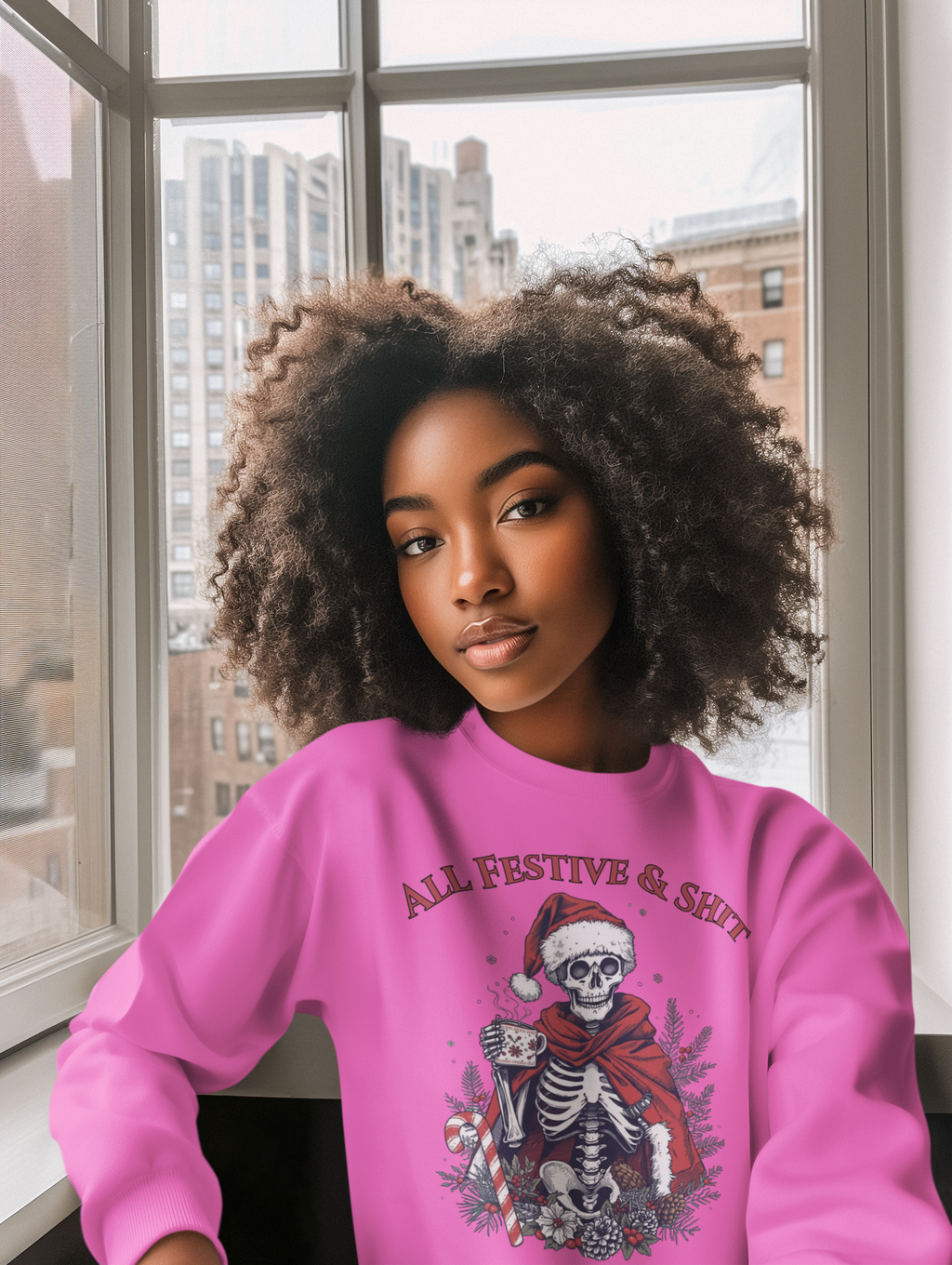 Sweatshirt — "All Festive & Shit" Skeleton Santa Holiday Crewneck