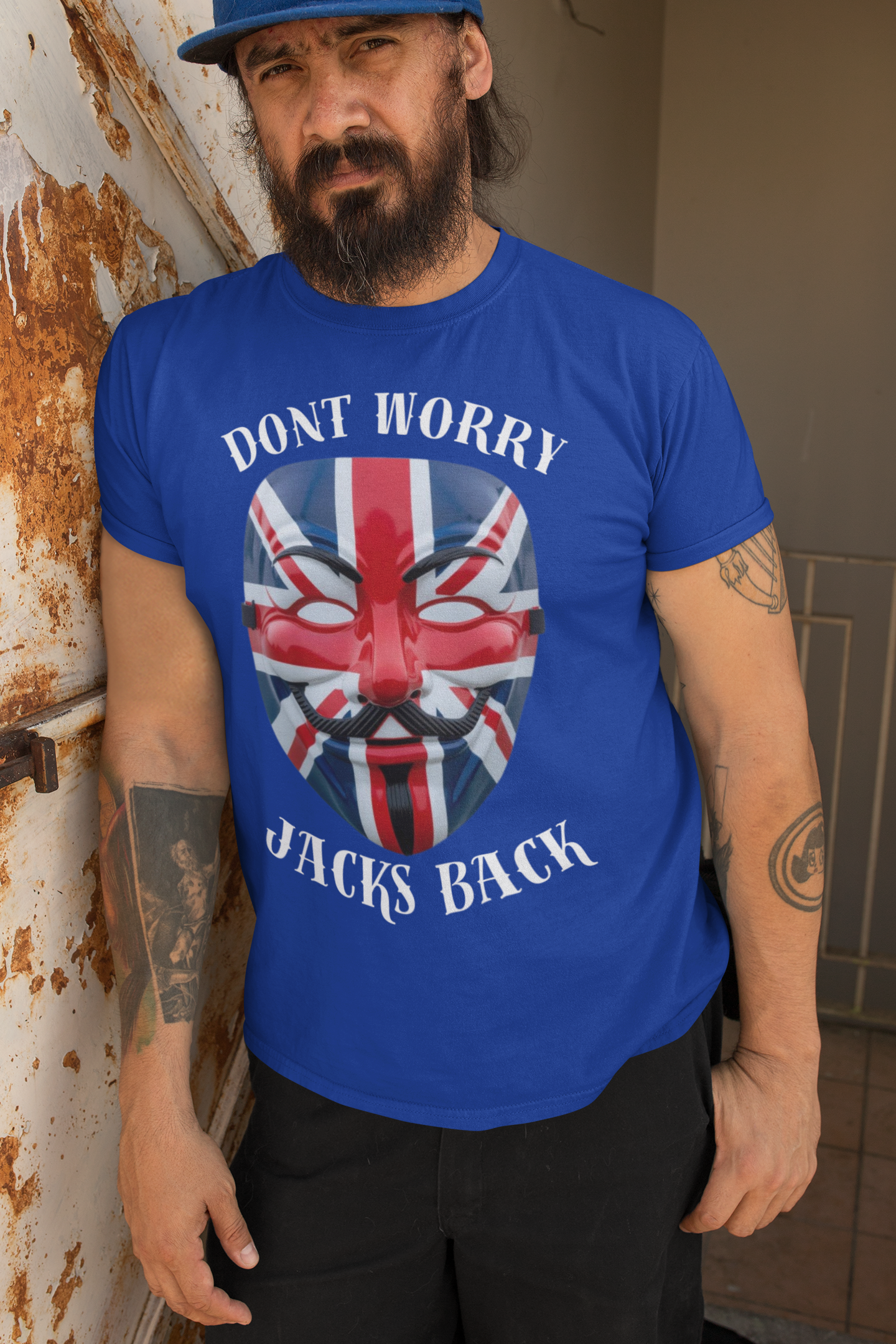 Patriotic Union Jack  UK Flag Mask Design Don't Worry Jacks Back Tee, Unique Fashion