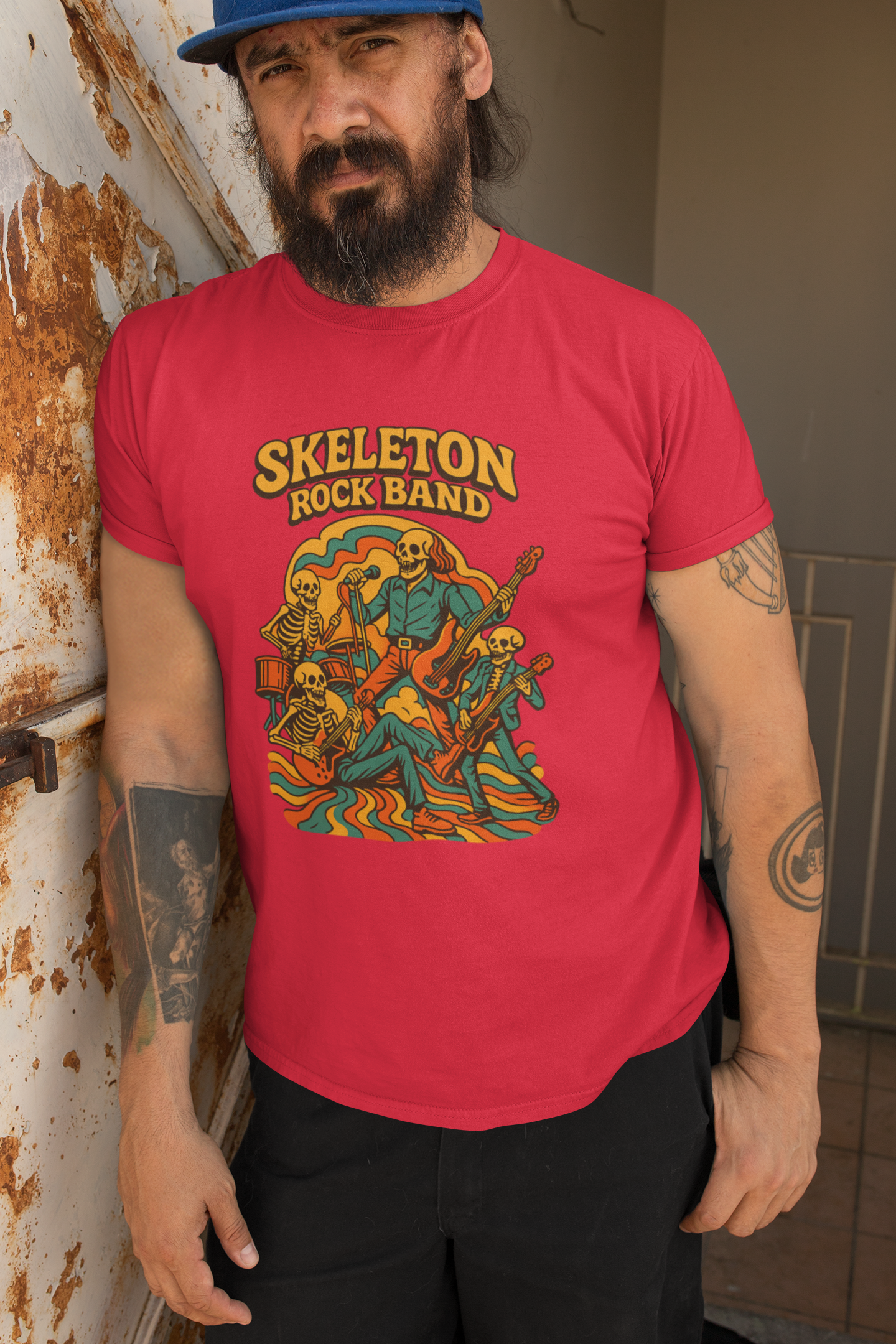 Retro Skeleton Rock Band Tee, Unisex Heavy Cotton Shirt, Halloween Costume, Music Lover Gift, Fun Graphic T-Shirt, Vintage Style Tee