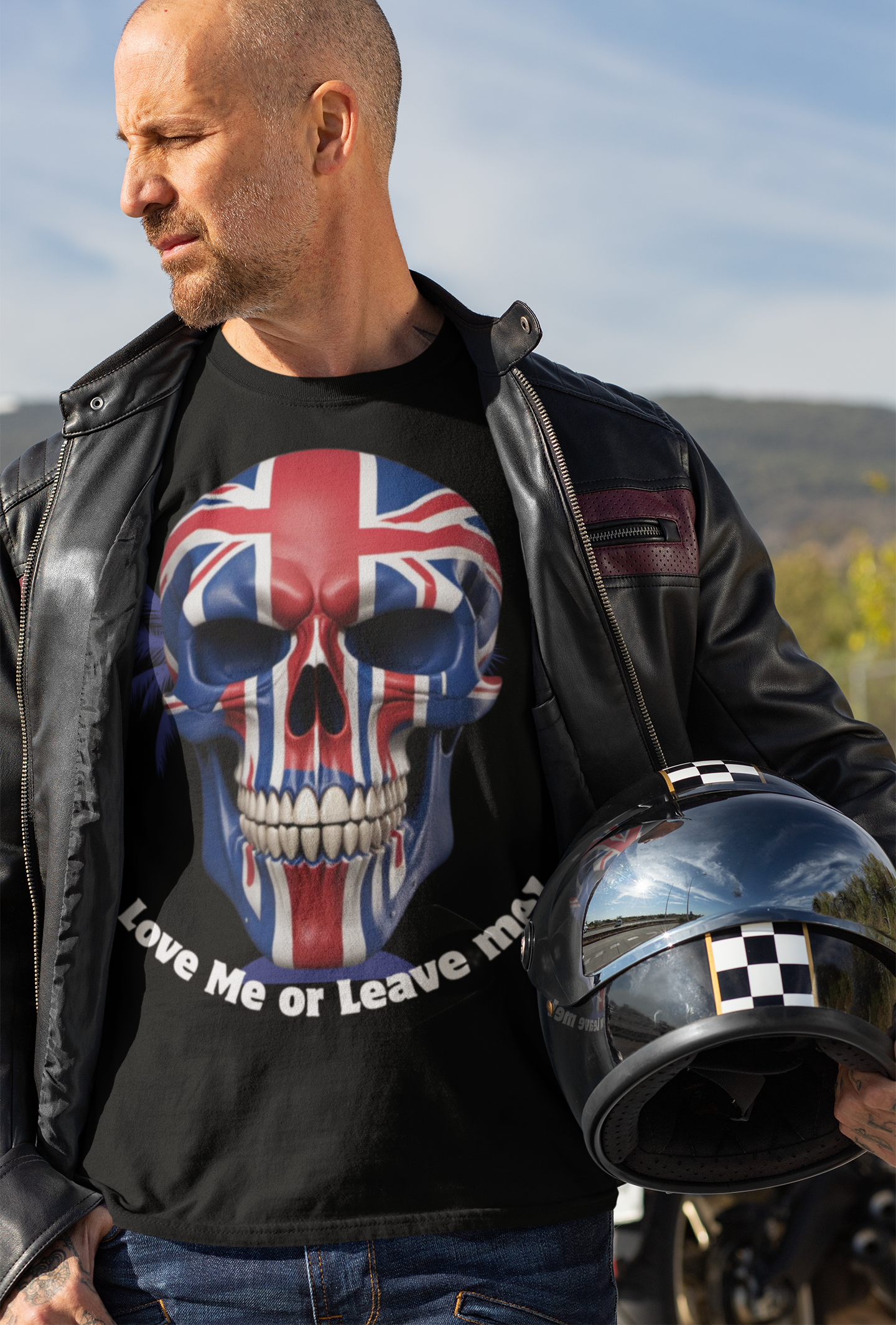 Patriotic British Skull Graphic Tee - Love Me or Leave Me, Casual Wear, Gift for Him/Her, Rock Style, Band Merchandise Round neck