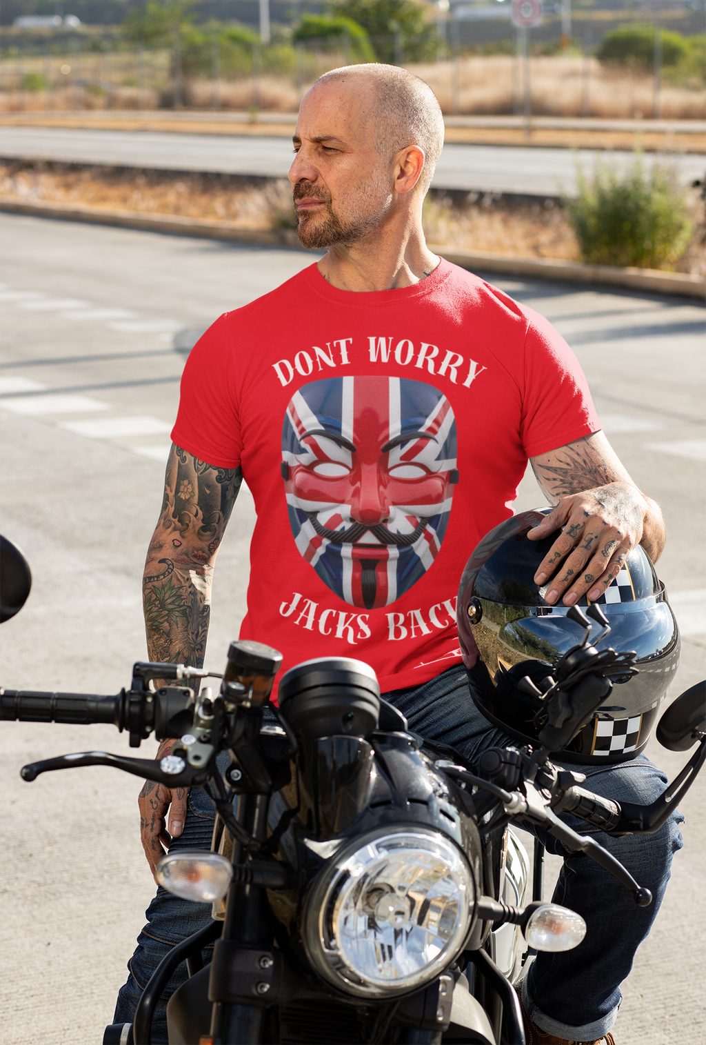 Patriotic Union Jack  UK Flag Mask Design Don't Worry Jacks Back Tee, Unique Fashion