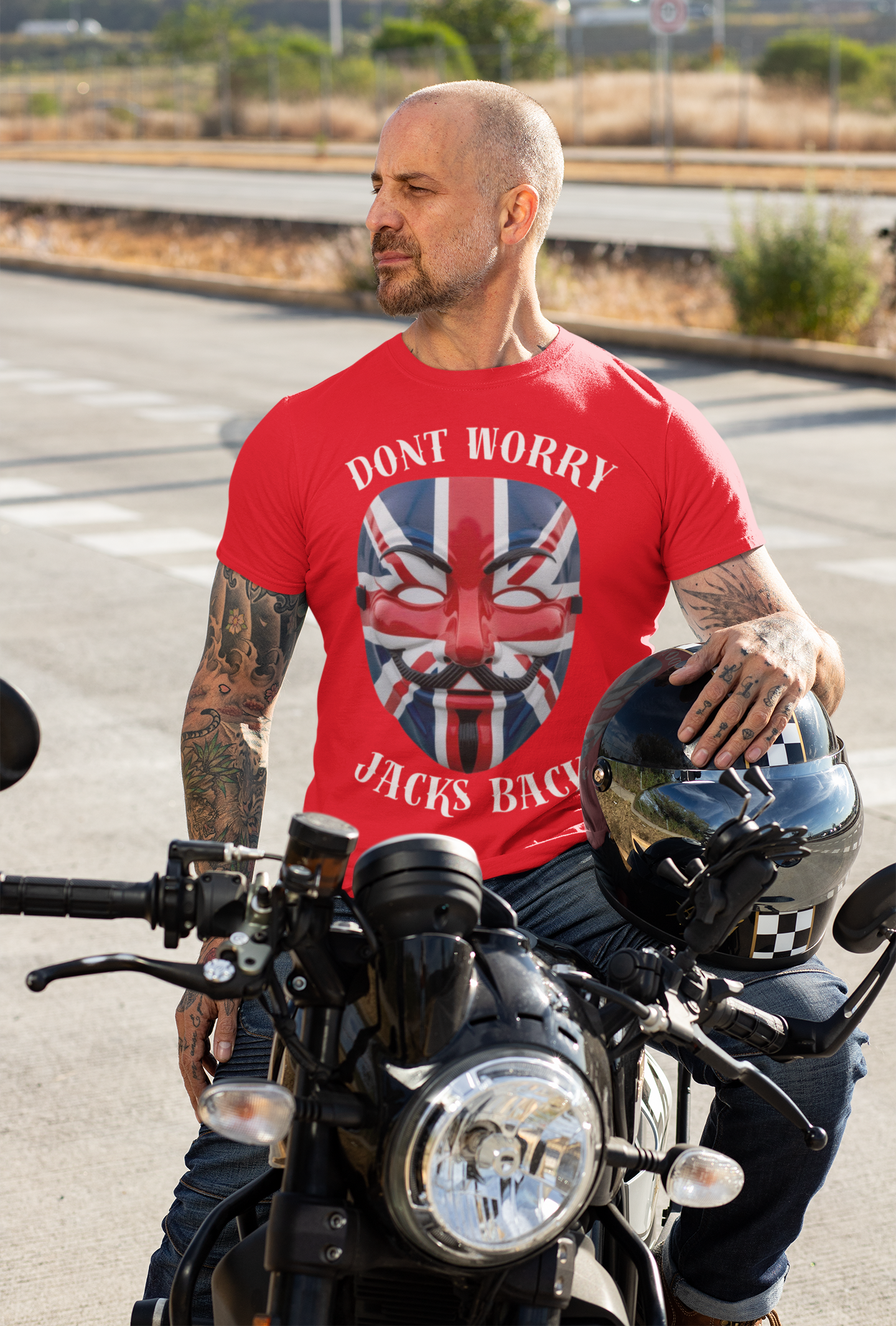 Patriotic Union Jack  UK Flag Mask Design Don't Worry Jacks Back Tee, Unique Fashion
