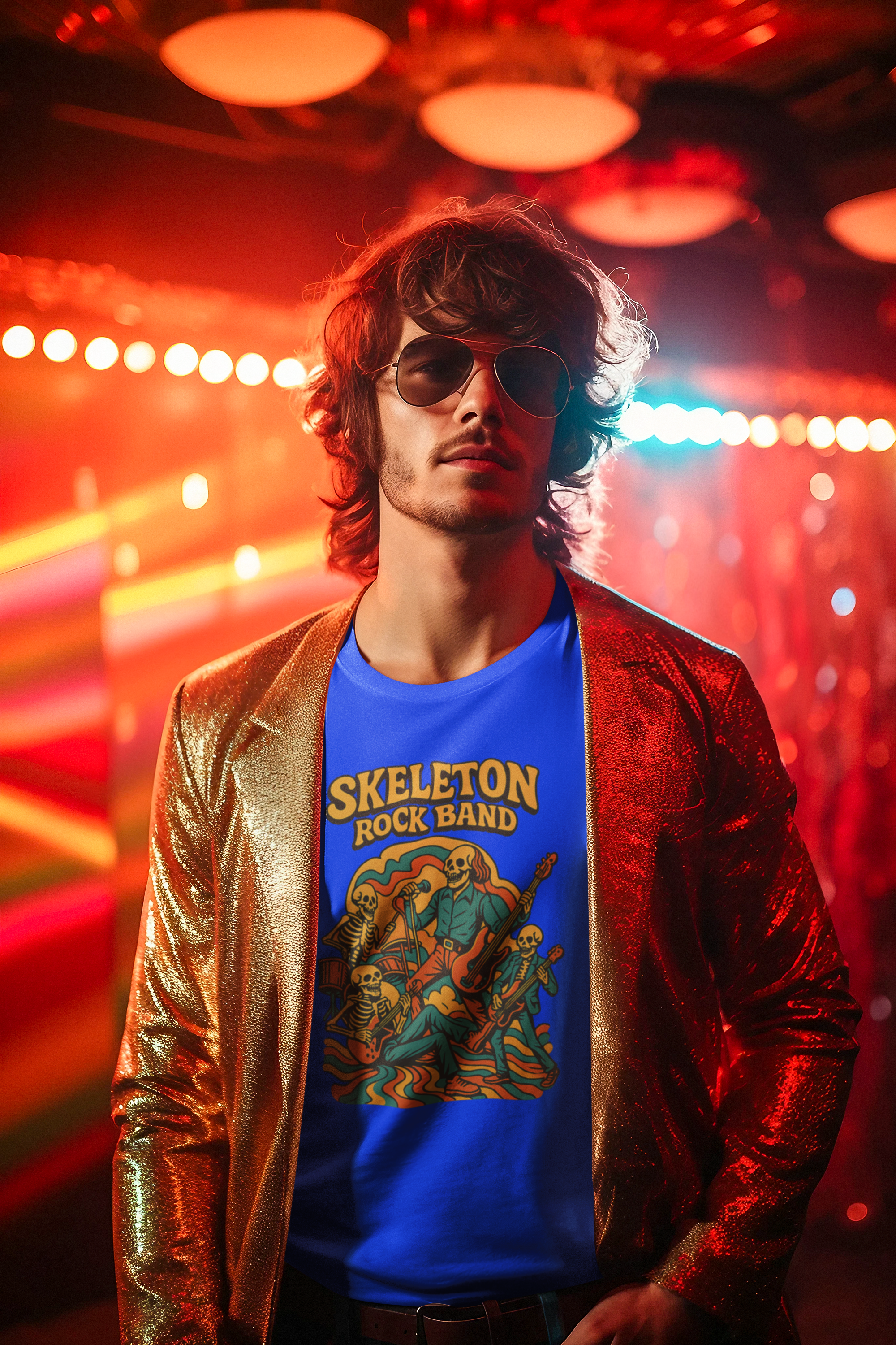 Retro Skeleton Rock Band Tee, Unisex Heavy Cotton Shirt, Halloween Costume, Music Lover Gift, Fun Graphic T-Shirt, Vintage Style Tee