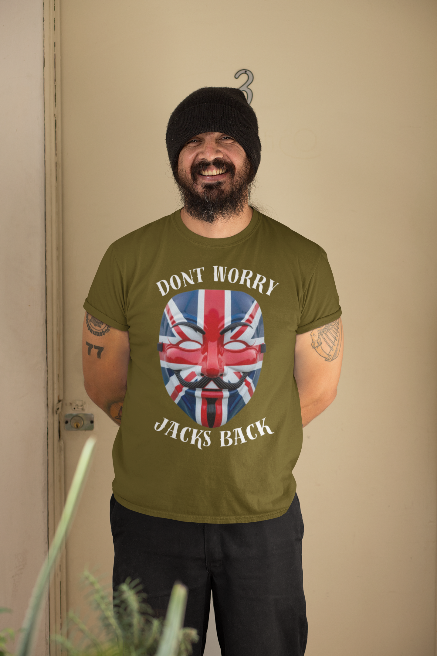 Patriotic Union Jack  UK Flag Mask Design Don't Worry Jacks Back Tee, Unique Fashion