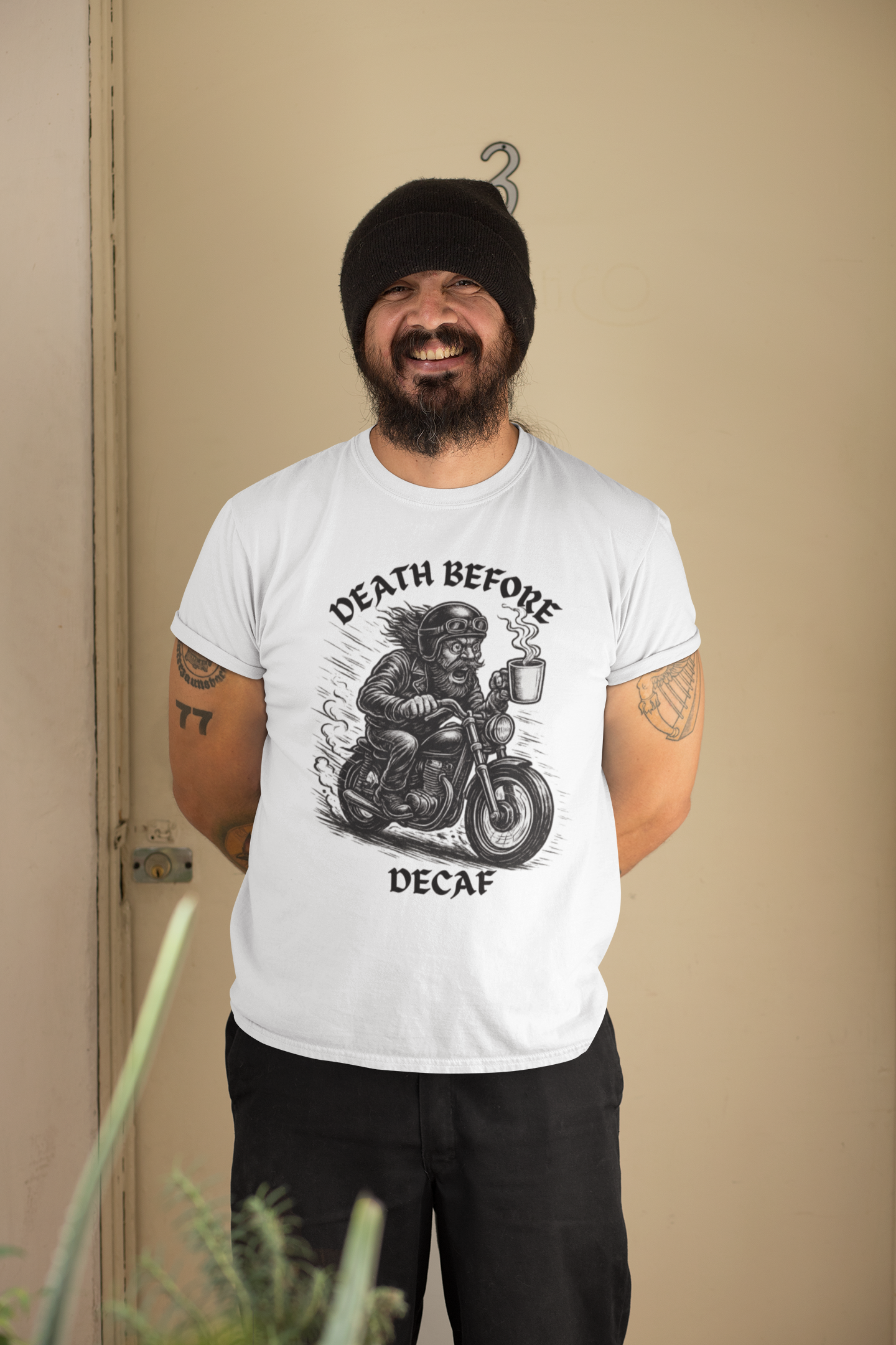 Unisex Heavy Cotton Tee - Death Before Decaf, Coffee Lover Shirt, Biker Tee, Unique Gift, Motorcycle Enthusiast Apparel