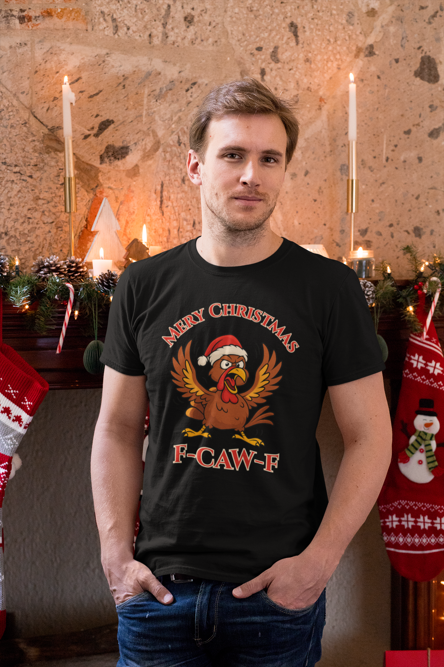 Funny Christmas Turkey Tee - "F-CAW-F" Unisex Short Sleeve T-Shirt