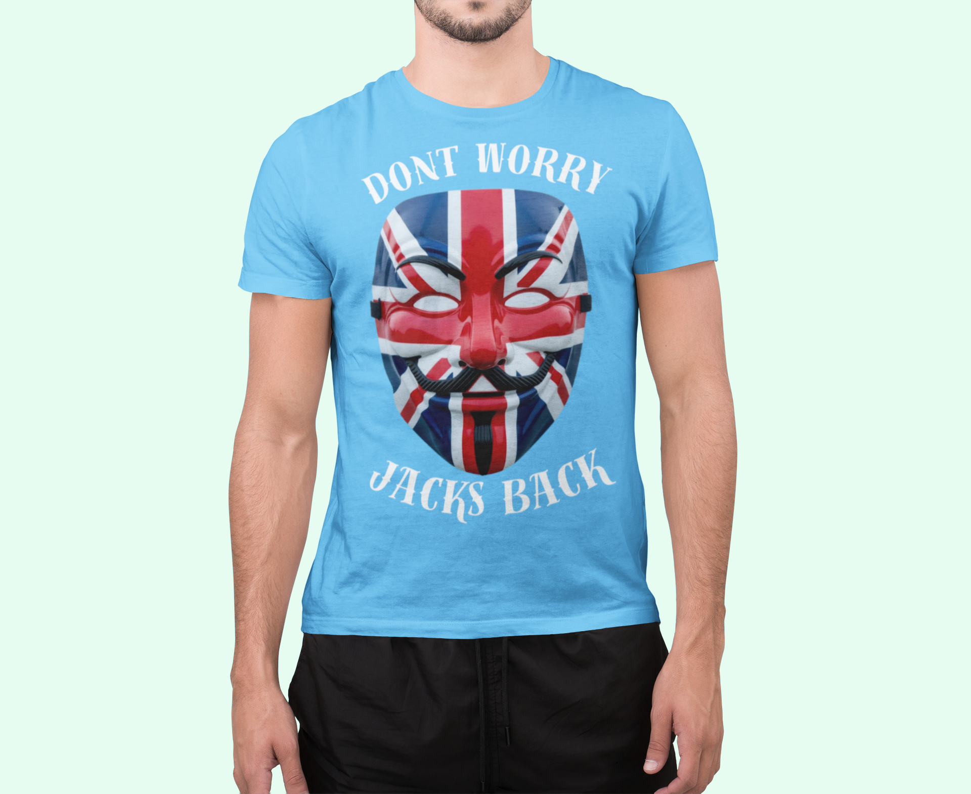 Patriotic Union Jack  UK Flag Mask Design Don't Worry Jacks Back Tee, Unique Fashion