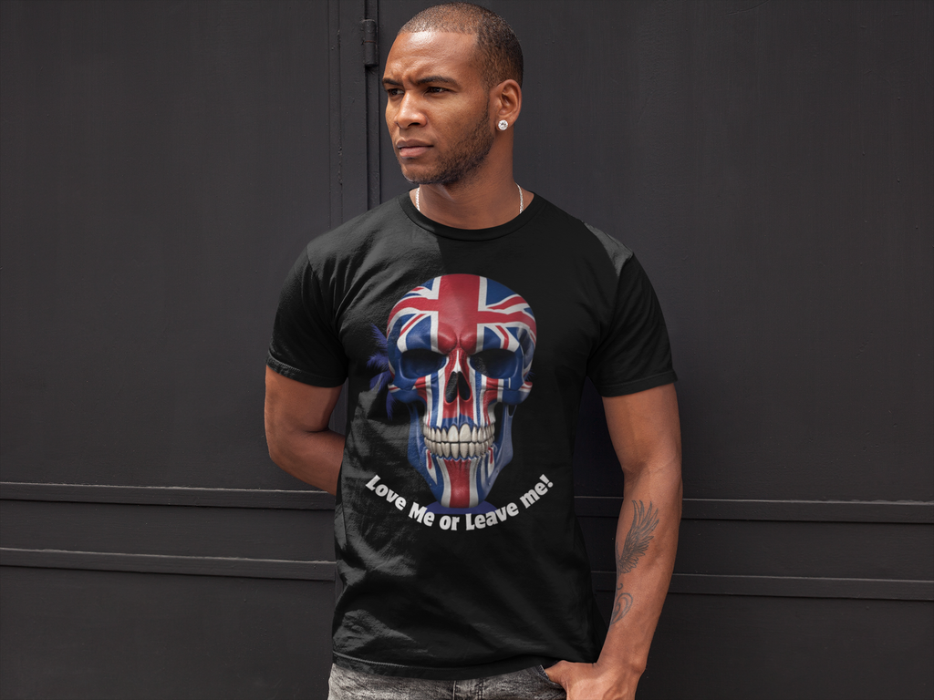 Patriotic British Skull Graphic Tee - Love Me or Leave Me, Casual Wear, Gift for Him/Her, Rock Style, Band Merchandise Round neck
