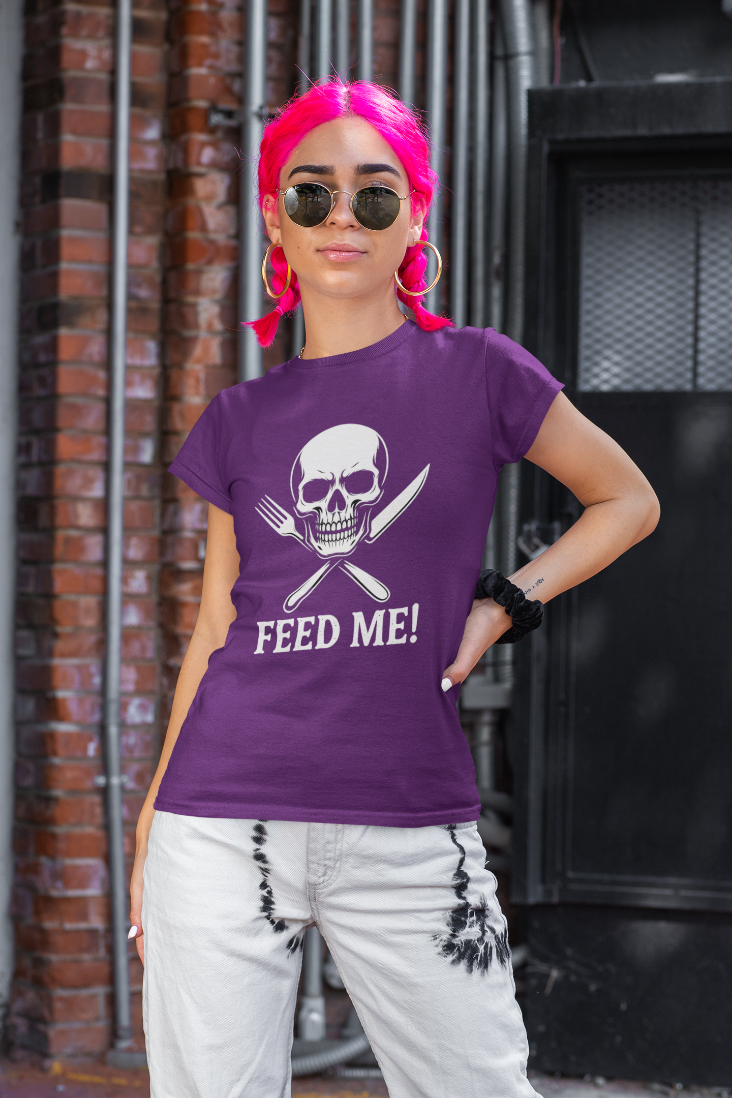 Skull & Fork Unisex Heavy Cotton Tee - Feed Me Graphic Shirt, Halloween Apparel, Casual Wear, Gift for Food Lovers, Trendy T-Shirt