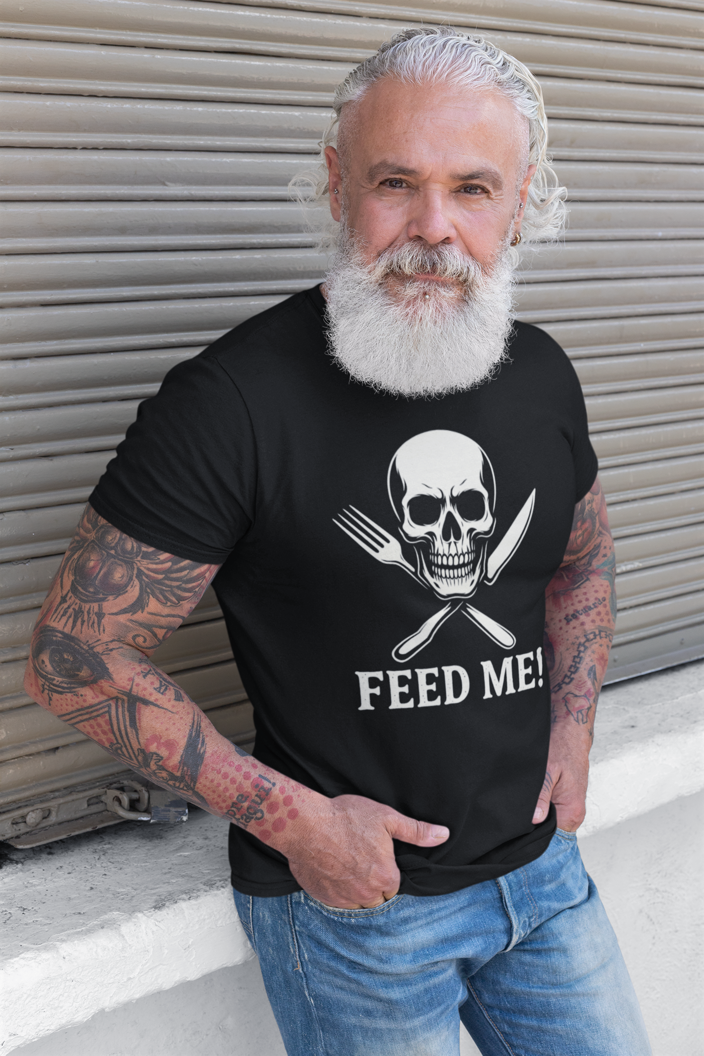 Skull & Fork Unisex Heavy Cotton Tee - Feed Me Graphic Shirt, Halloween Apparel, Casual Wear, Gift for Food Lovers, Trendy T-Shirt