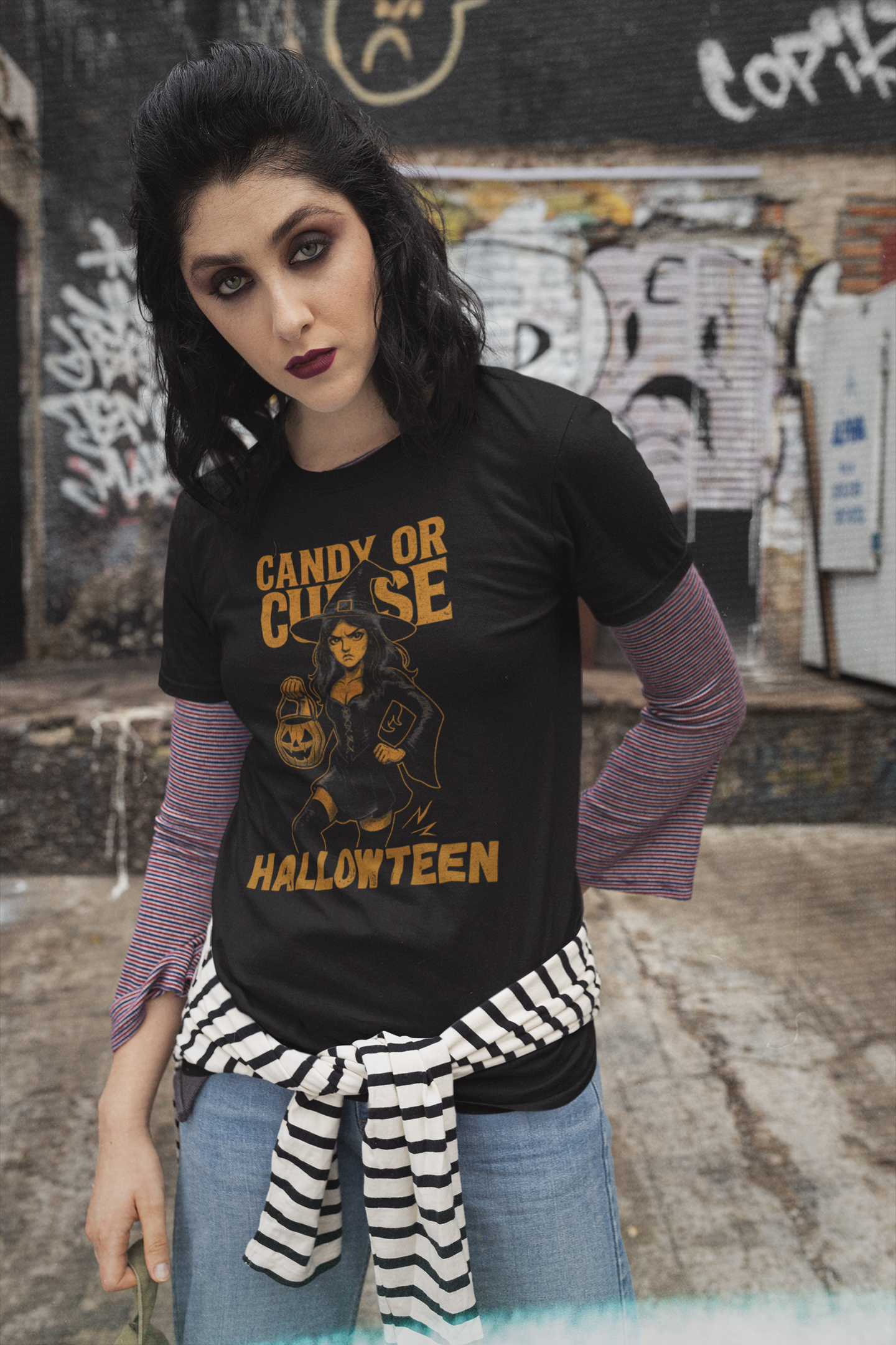 Halloween Unisex Heavy Cotton Tee, Spooky Costume Shirt, Candy or Curse T-Shirt, Witch Graphic Tee, Fall Festive Apparel