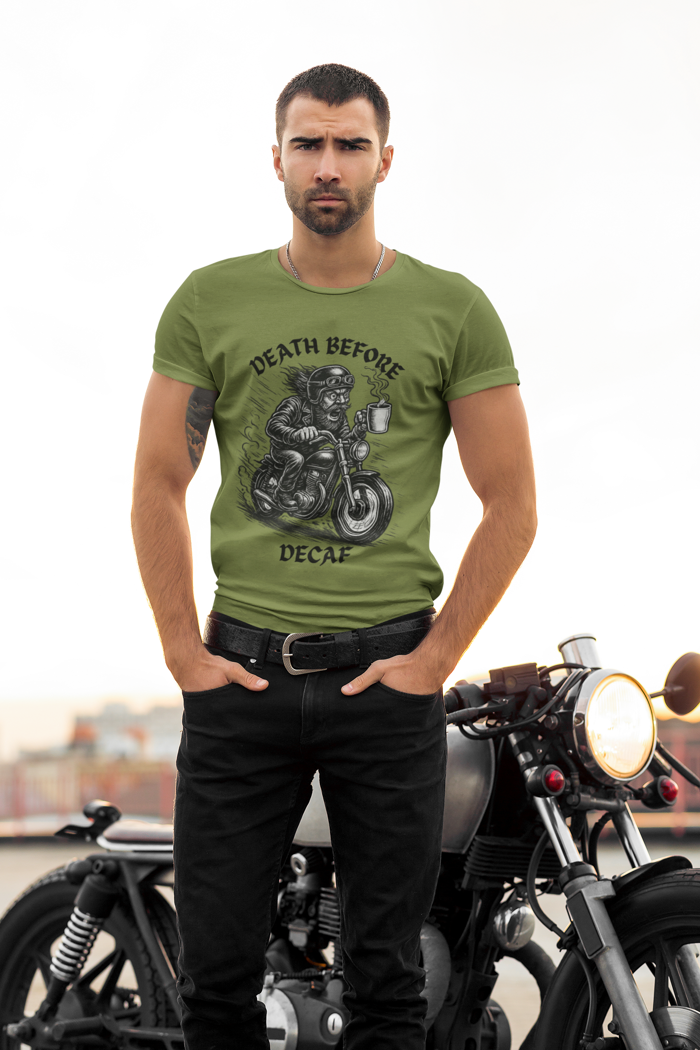 Unisex Heavy Cotton Tee - Death Before Decaf, Coffee Lover Shirt, Biker Tee, Unique Gift, Motorcycle Enthusiast Apparel