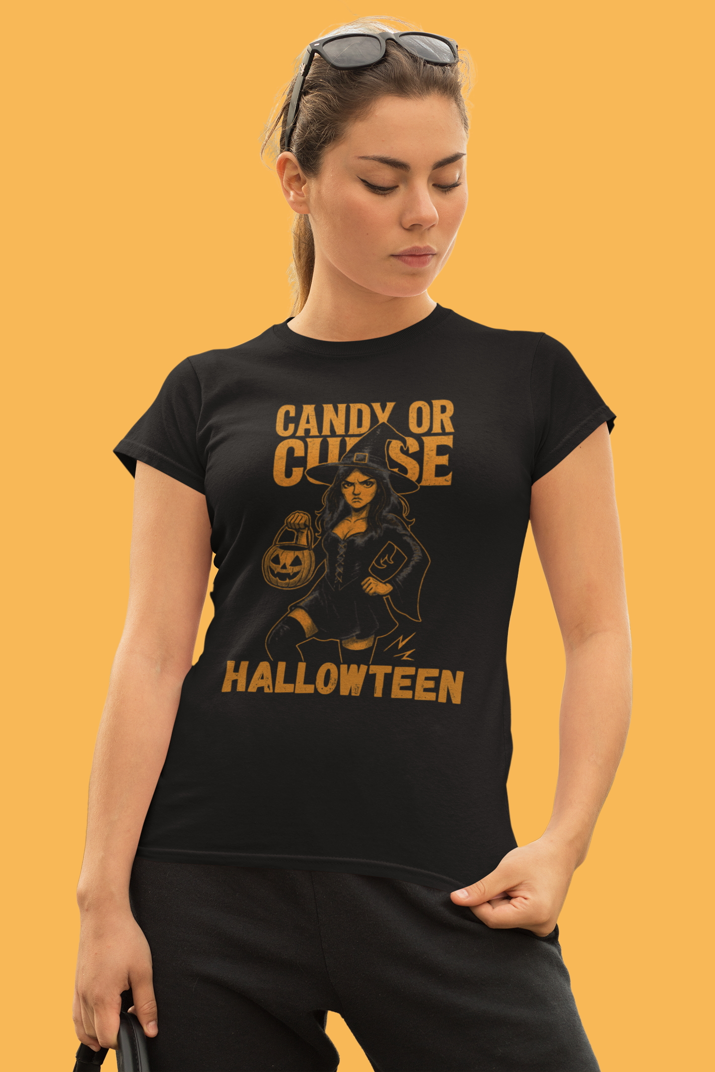 Halloween Unisex Heavy Cotton Tee, Spooky Costume Shirt, Candy or Curse T-Shirt, Witch Graphic Tee, Fall Festive Apparel