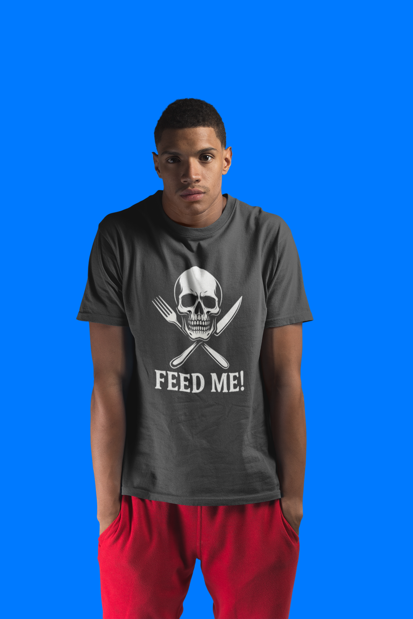 Skull & Fork Unisex Heavy Cotton Tee - Feed Me Graphic Shirt, Halloween Apparel, Casual Wear, Gift for Food Lovers, Trendy T-Shirt