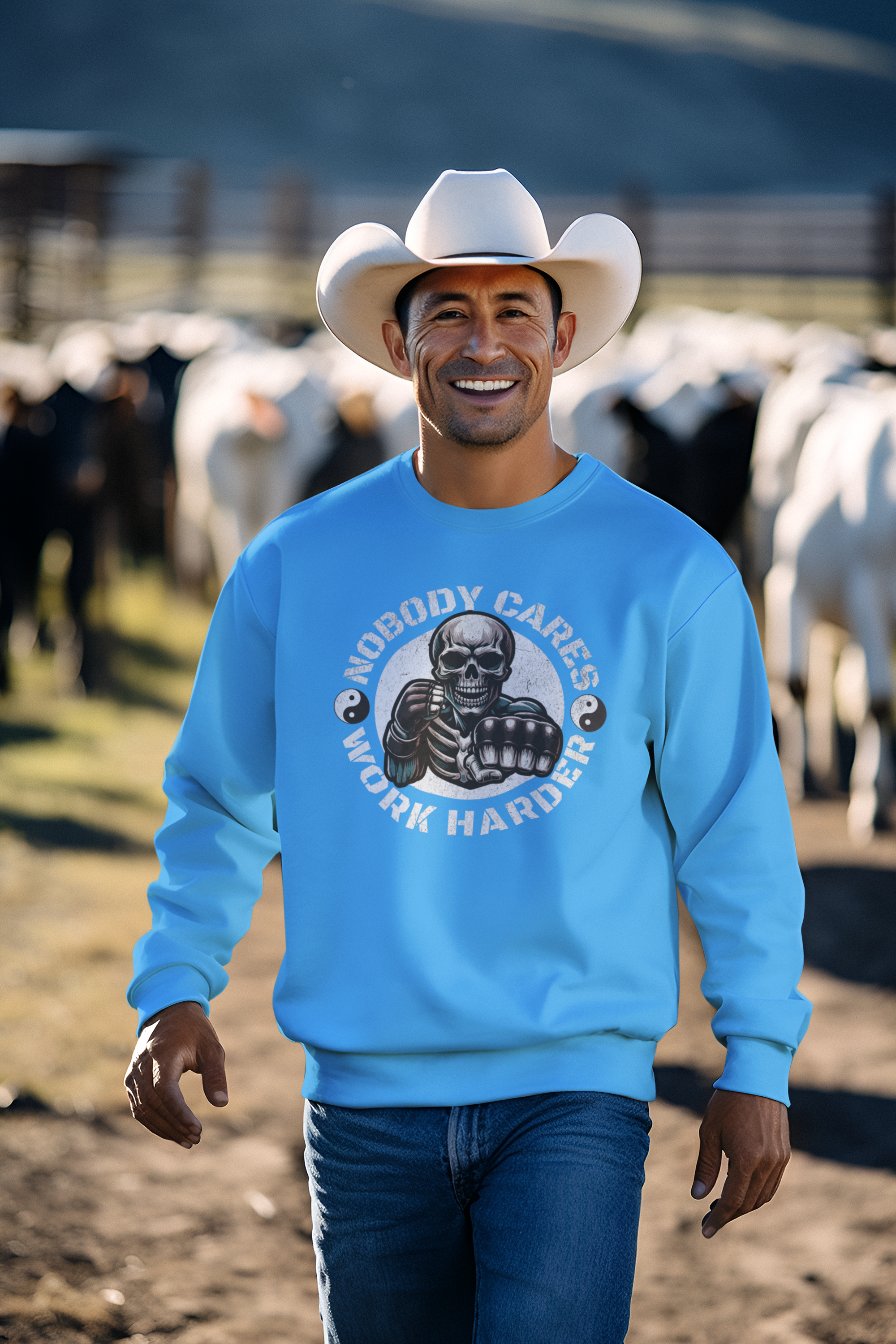 Nobody Cares Work Harder Sweatshirt — Skull Fist Motivational Crewneck