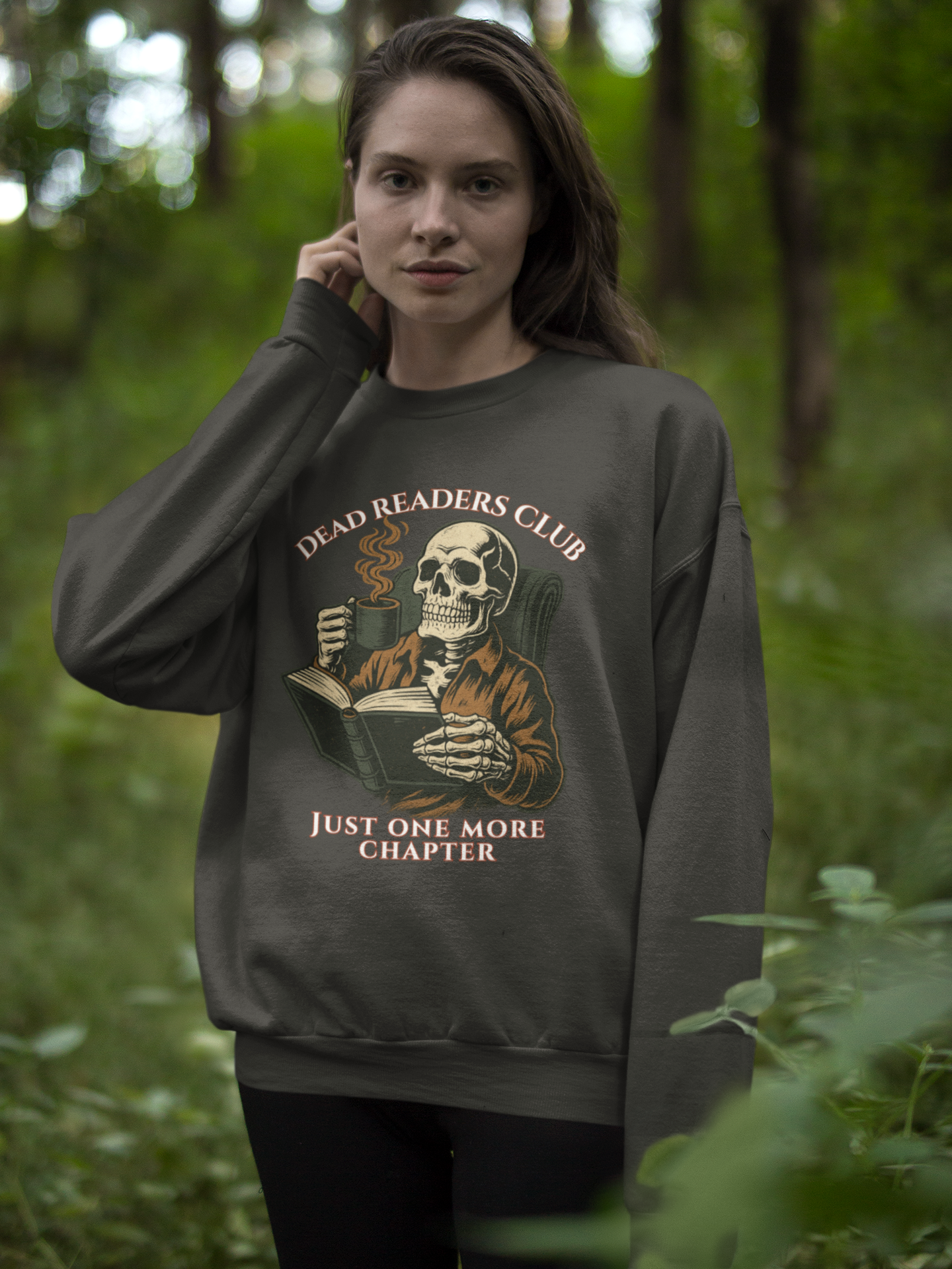Crewneck Sweatshirt — "Dead Readers Club: Just One More Chapter" Skull Book Lover Graphic