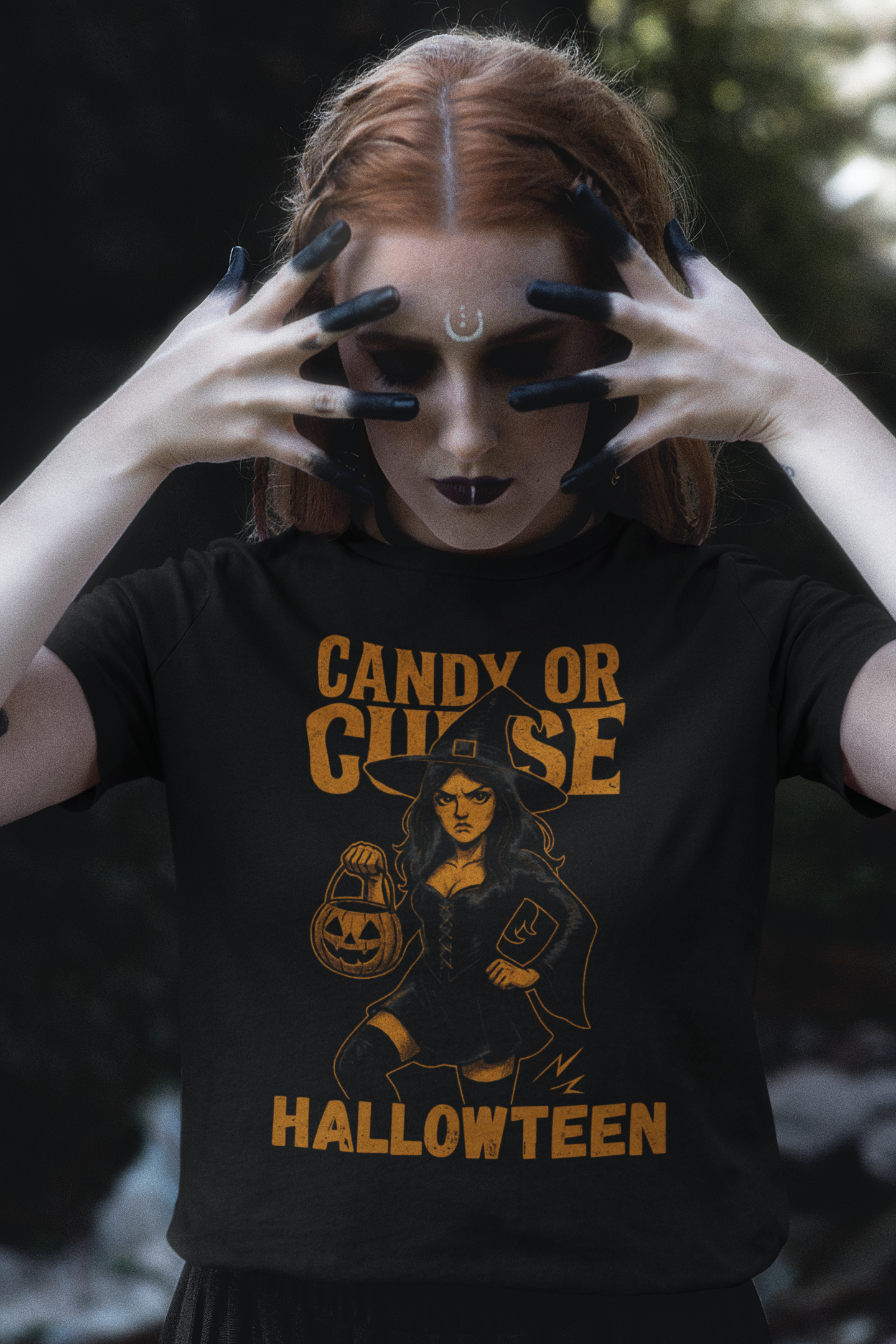 Halloween Unisex Heavy Cotton Tee, Spooky Costume Shirt, Candy or Curse T-Shirt, Witch Graphic Tee, Fall Festive Apparel