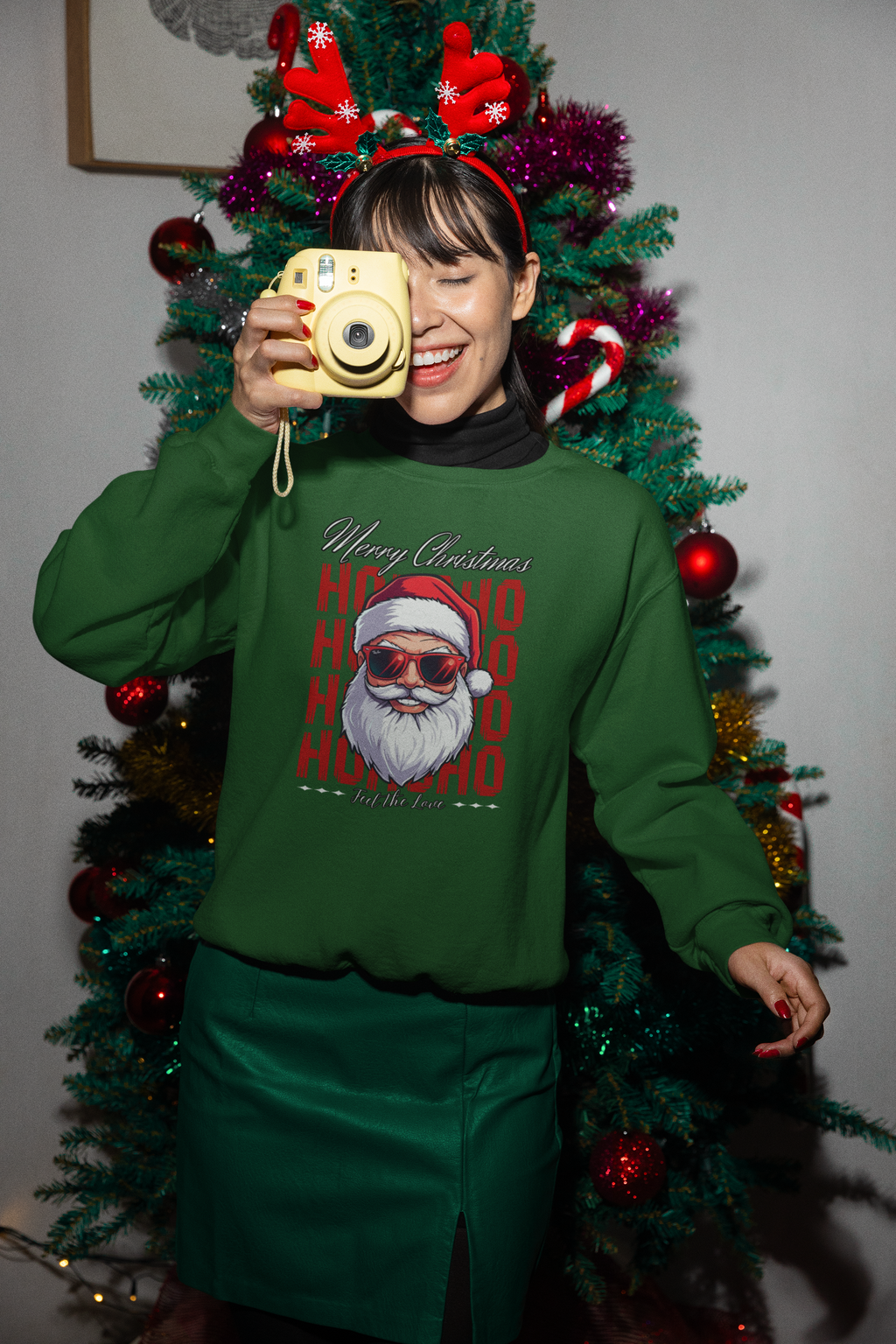 Christmas Santa Crewneck Sweatshirt — "Ho Ho Ho" Sunglasses Santa Holiday Jumper