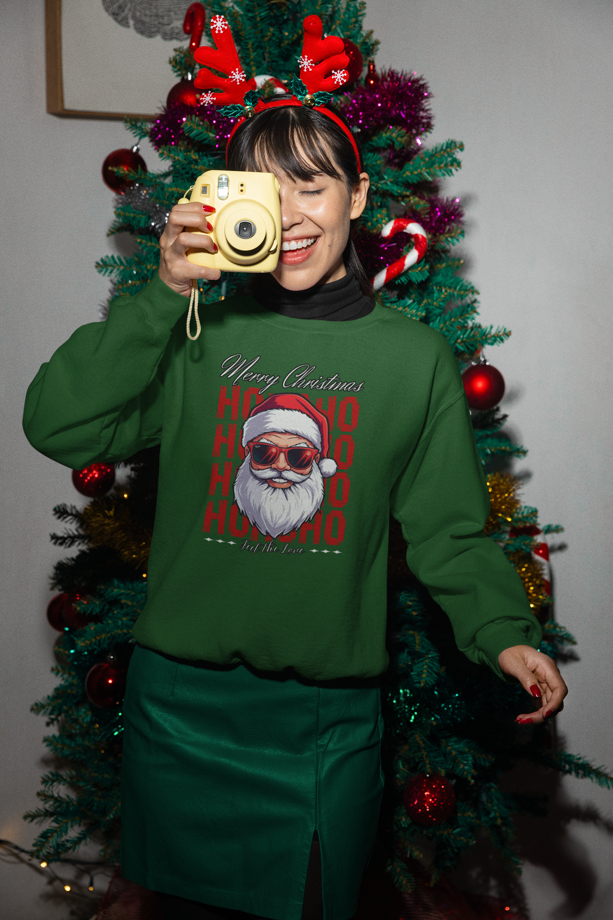 Christmas Santa Crewneck Sweatshirt — "Ho Ho Ho" Sunglasses Santa Holiday Jumper