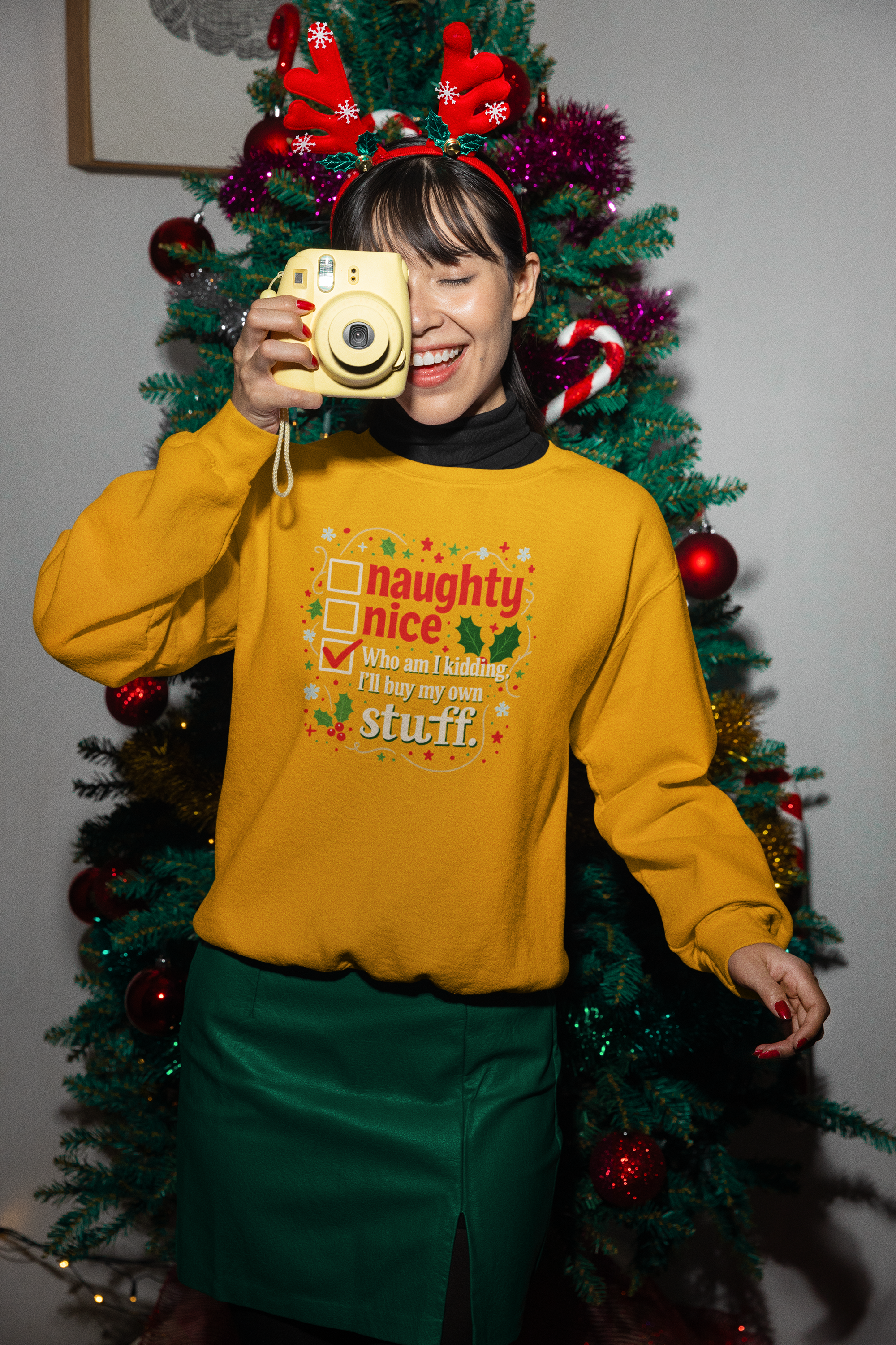 Funny Christmas Sweatshirt — “Naughty / Nice / Who am I kidding I’ll buy my own stuff” Holiday Crewneck